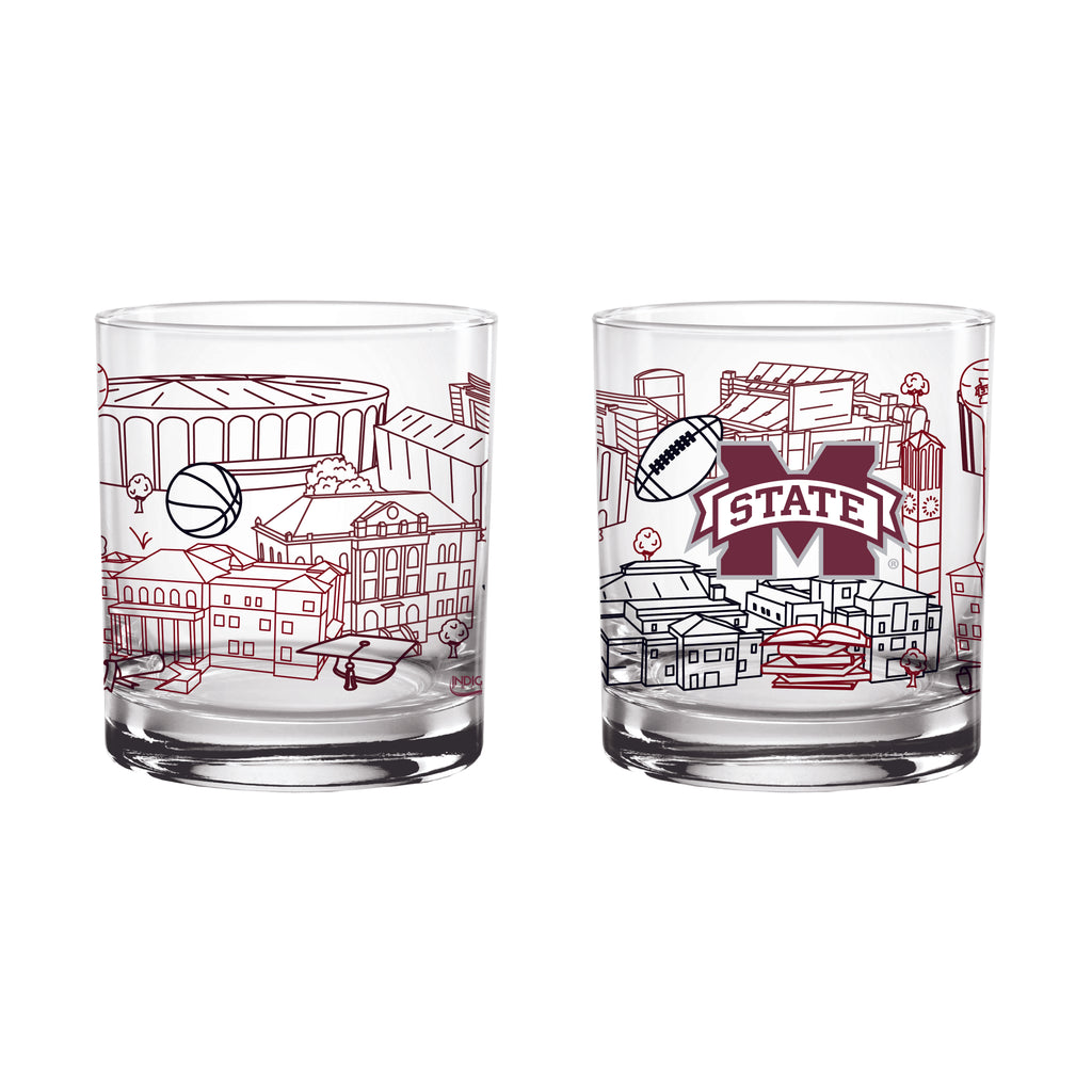 Set of 2 Mississippi State Bulldogs Campus Line Art 14oz Rocks Glasses