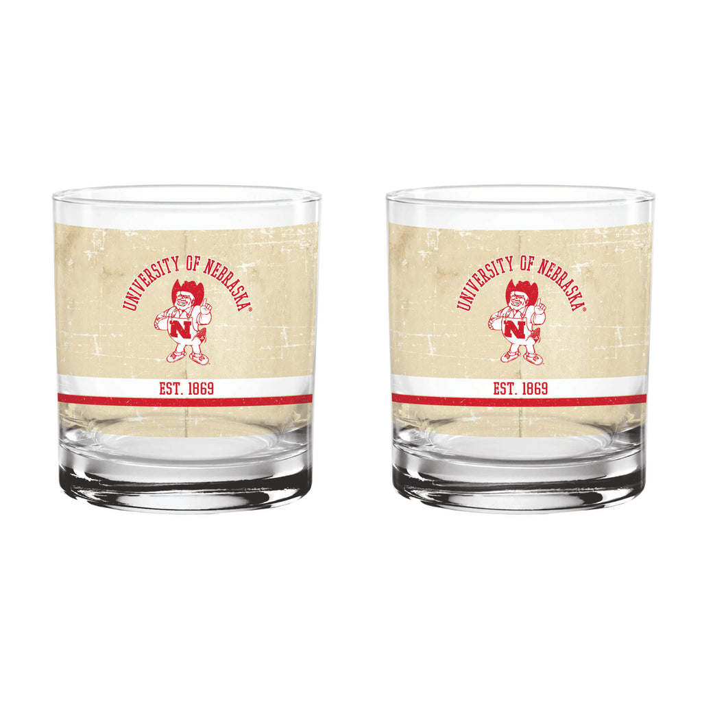 Nebraska Cornhuskers Set of 2 College Vault Tan Retro 14oz Rocks Glasses