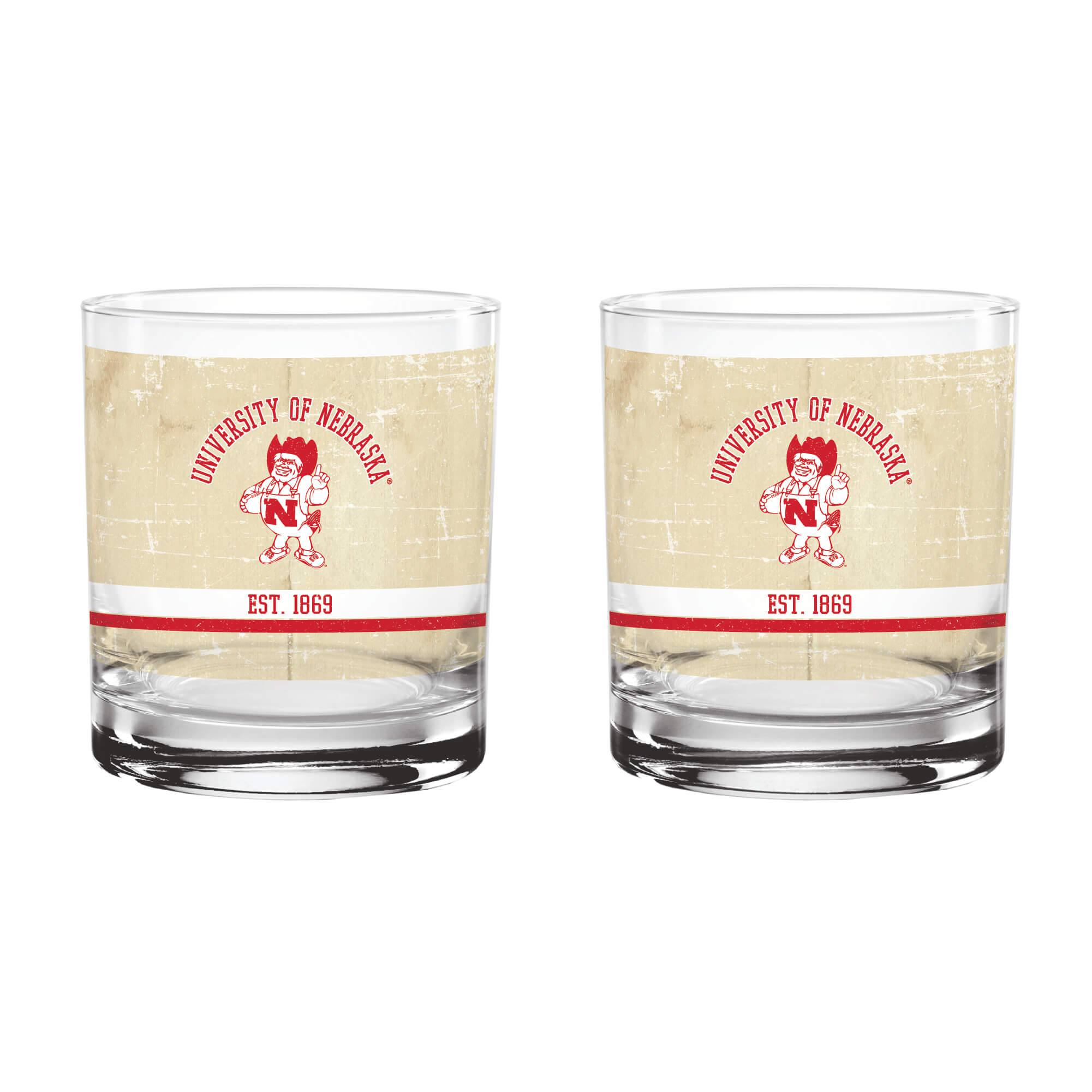Nebraska Cornhuskers Set of 2 College Vault Tan Retro 14oz Rocks Glasses