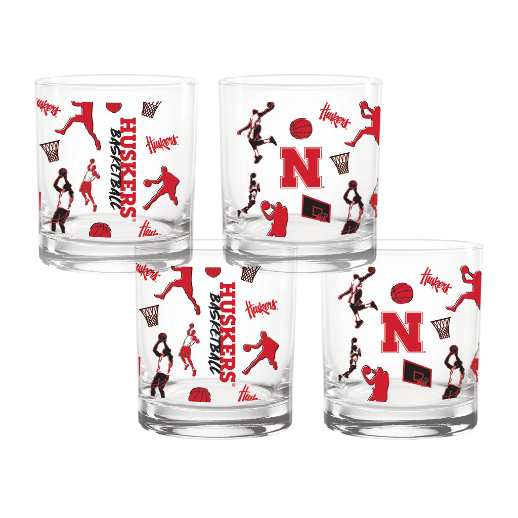 Set of 4 Nebraska Cornhuskers Basketball Sketch 14oz Rocks Glasses