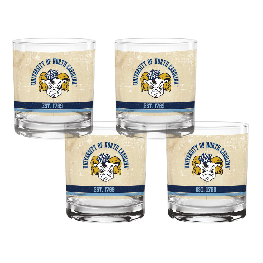 Set of 4 North Carolina Tar Heels College Vault Tan Retro 14oz Rocks Glasses