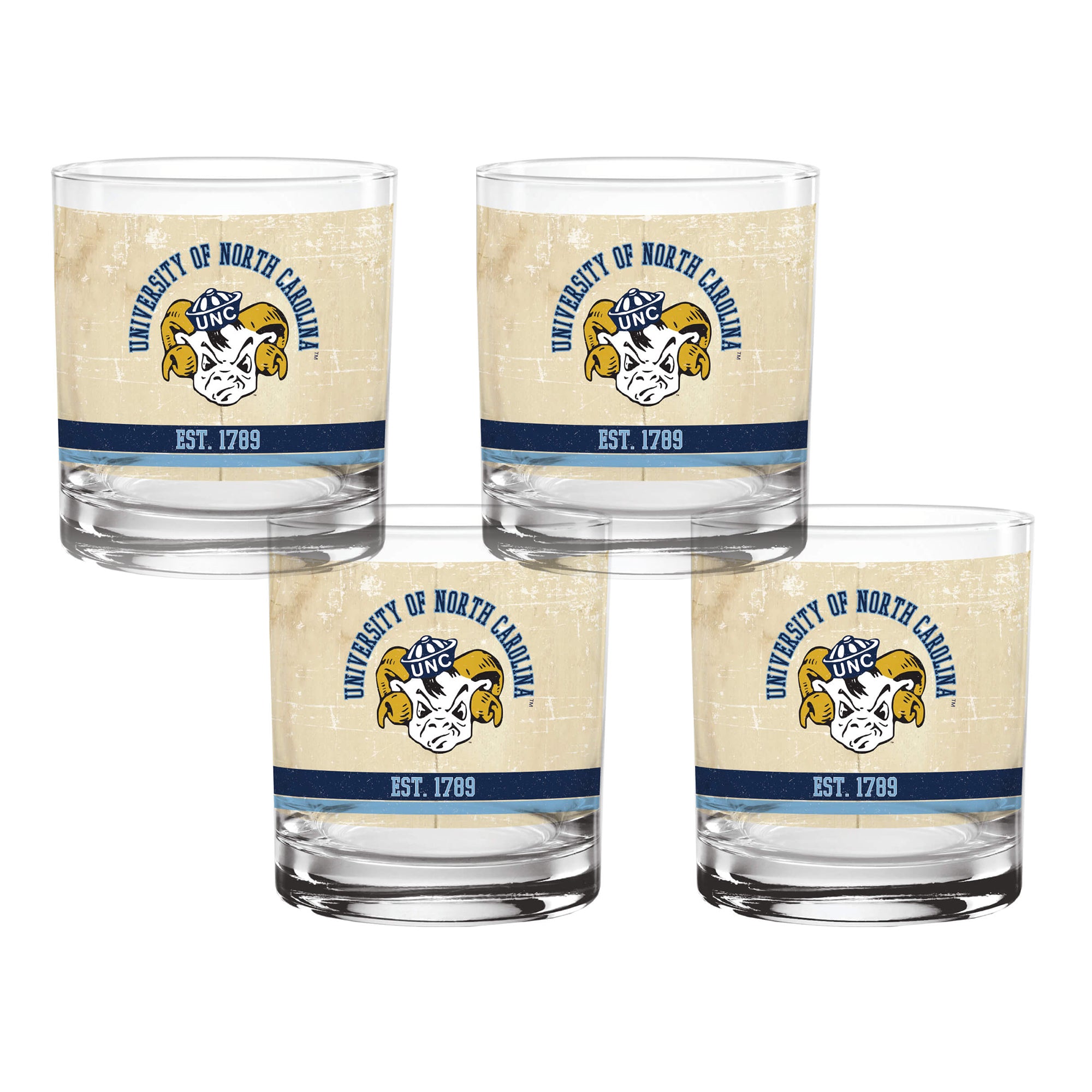 Set of 4 North Carolina Tar Heels College Vault Tan Retro 14oz Rocks Glasses