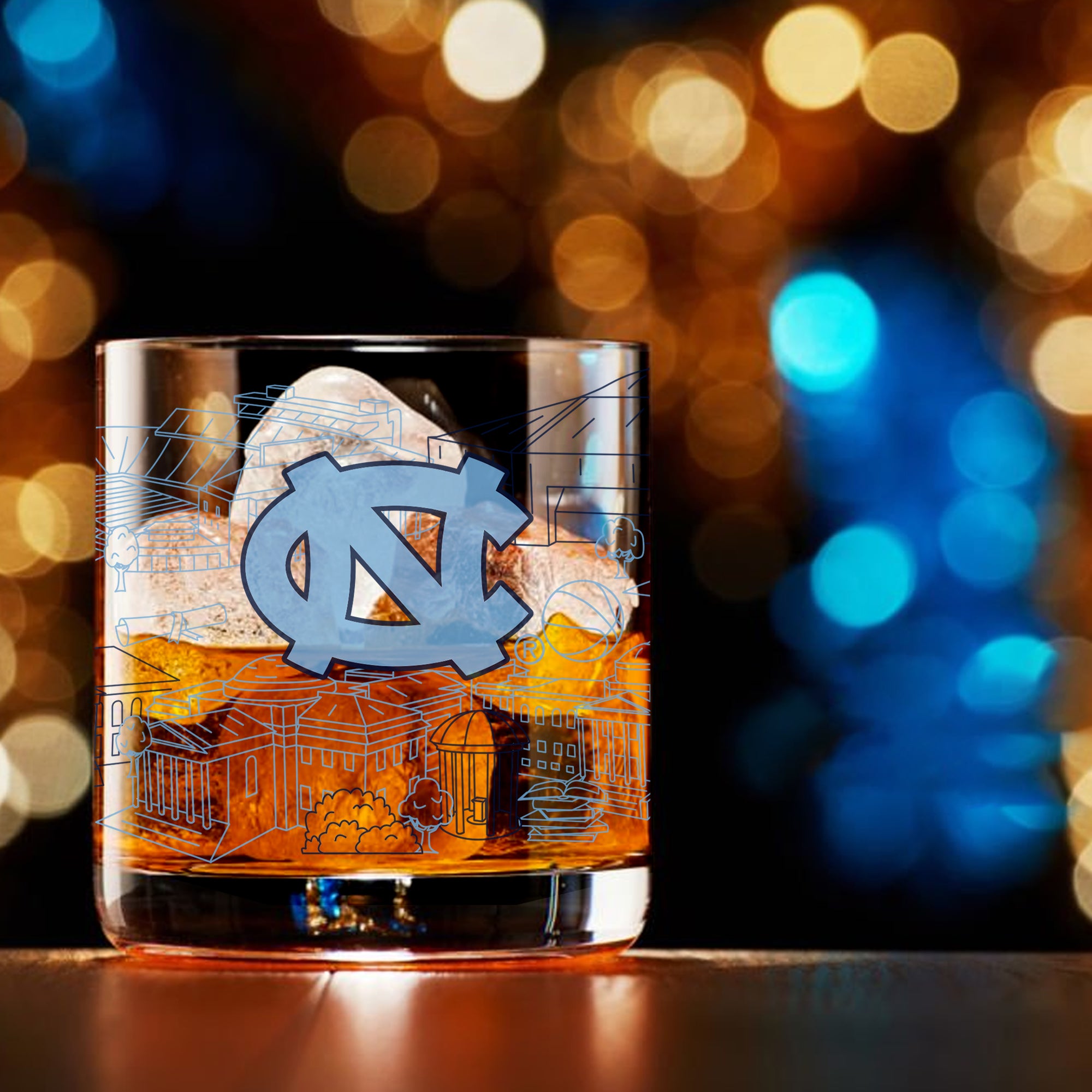 Set of 4 North Carolina Tar Heels Campus Line Art 14oz Rocks Glasses