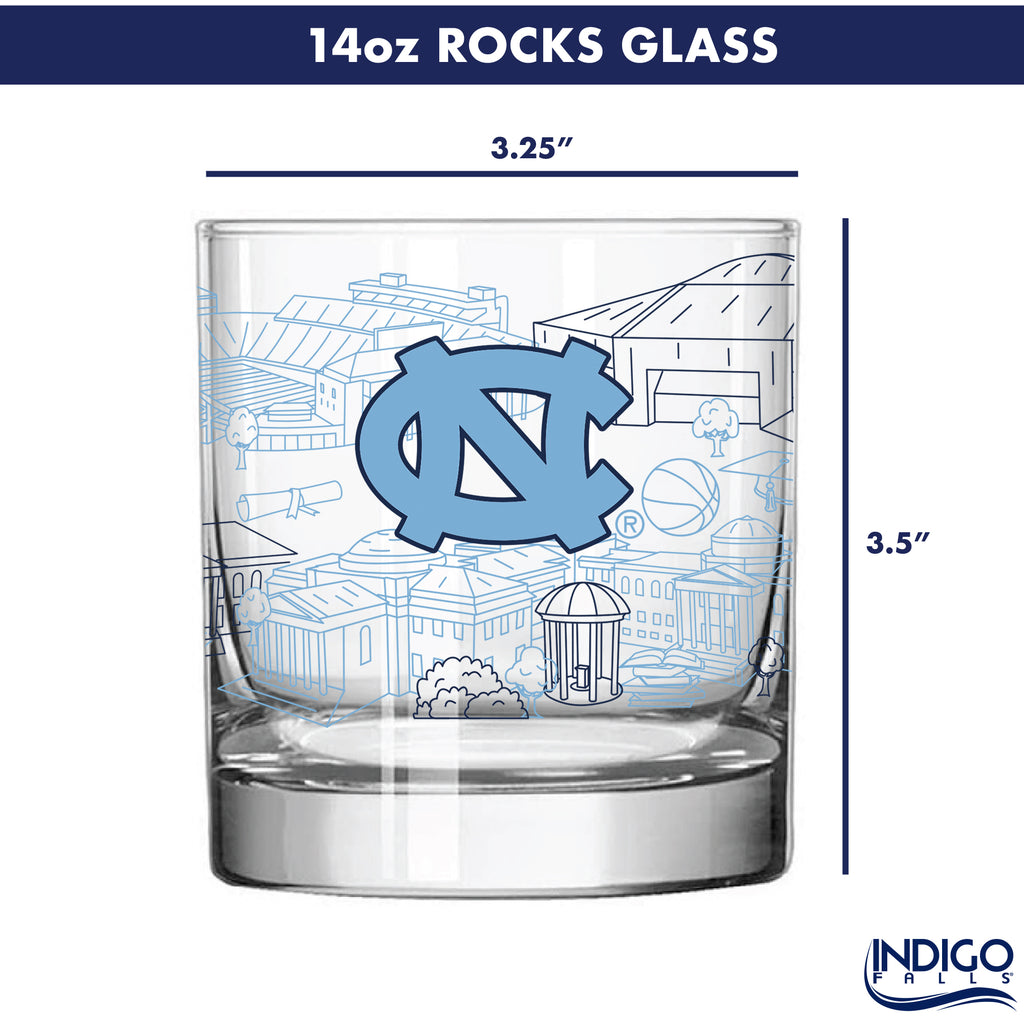 Set of 4 North Carolina Tar Heels Campus Line Art 14oz Rocks Glasses
