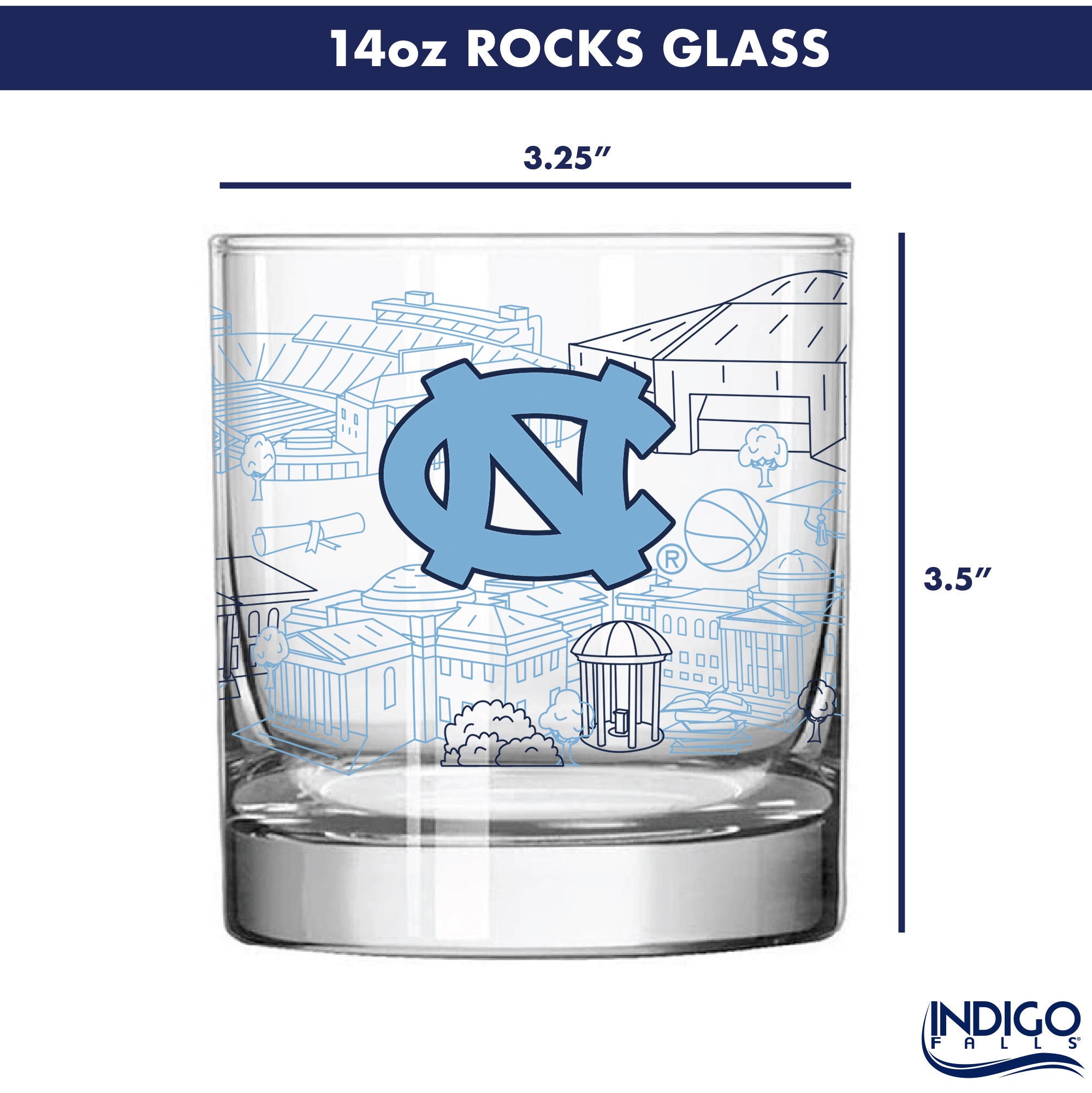 Set of 4 North Carolina Tar Heels Campus Line Art 14oz Rocks Glasses