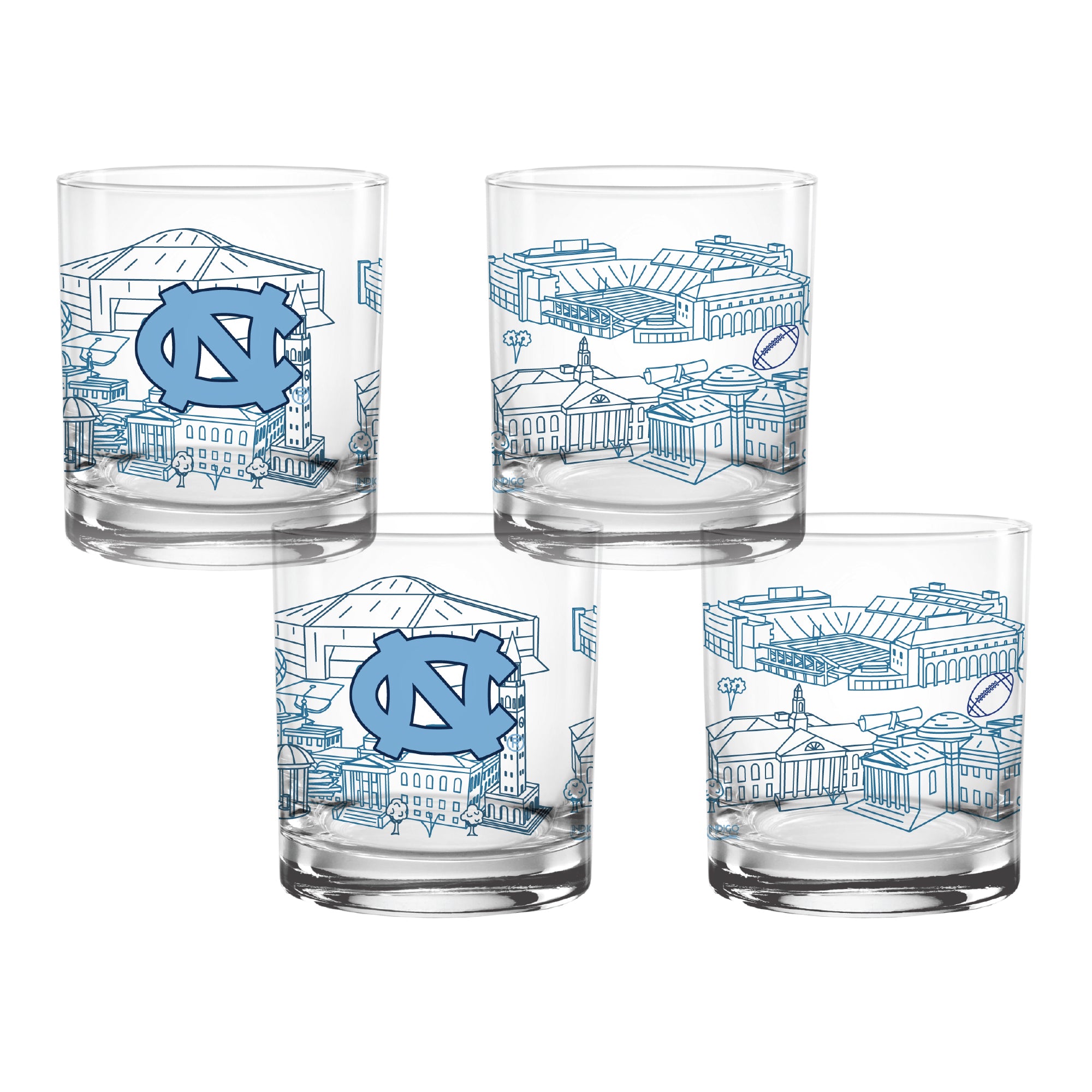 Set of 4 North Carolina Tar Heels Campus Line Art 14oz Rocks Glasses