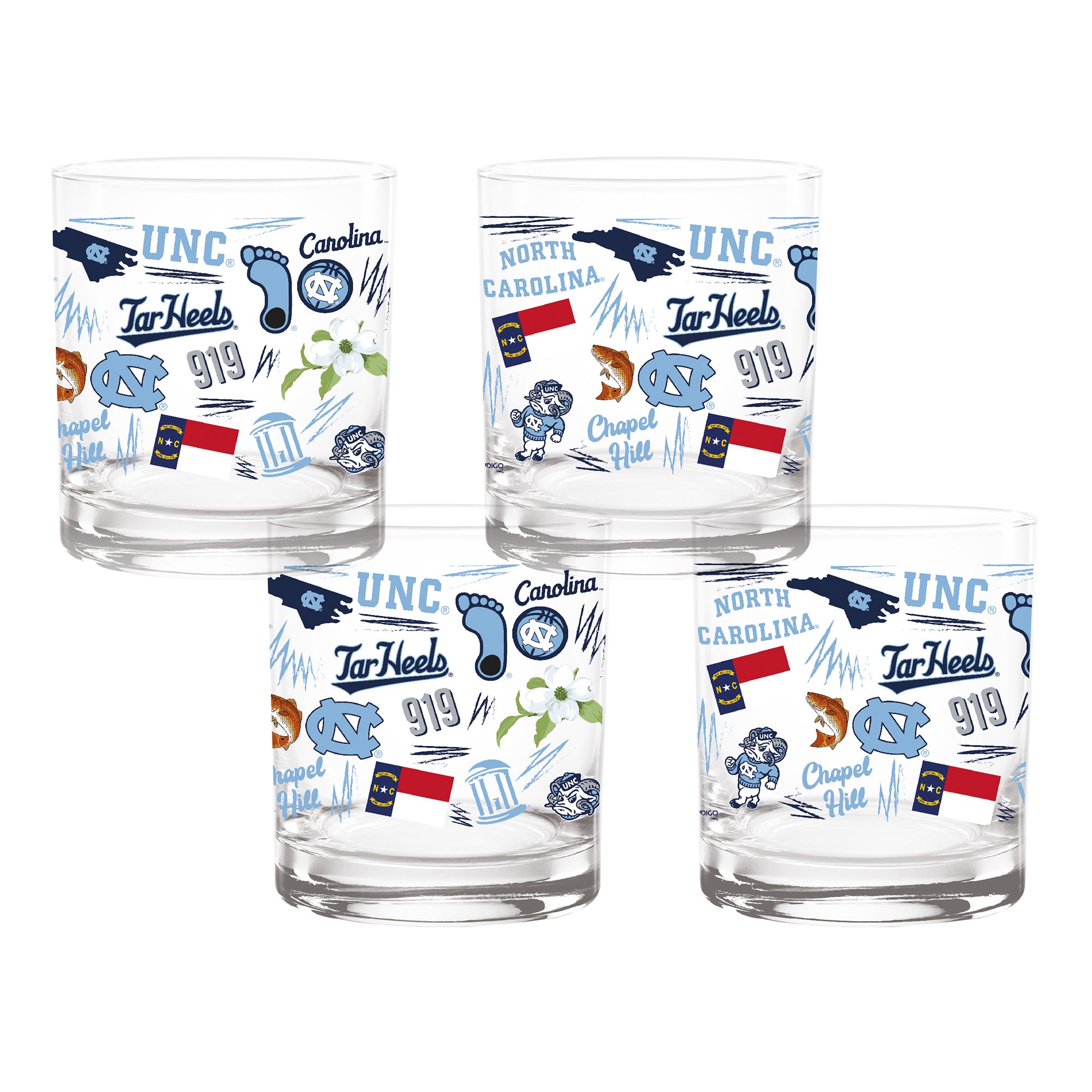Set of 4 North Carolina Tar Heels 14oz Local Rocks Glasses