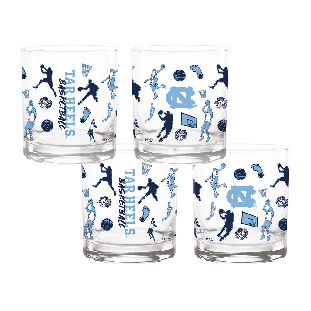 Set of 4 North Carolina Tar Heels Basketball Sketch 14oz Rocks Glasses