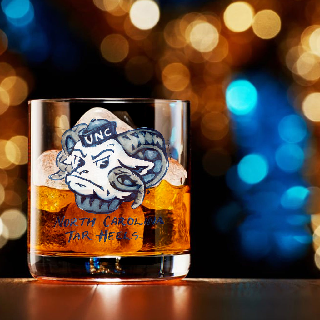 Set of 4 North Carolina Tar Heels Mascot by Laura Wilcox 14oz Rocks Glasses