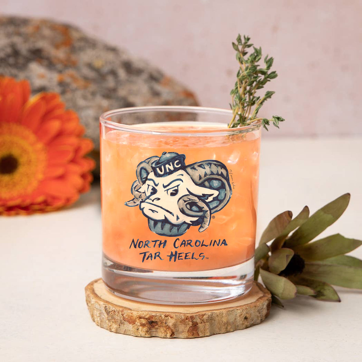 Set of 4 North Carolina Tar Heels Mascot by Laura Wilcox 14oz Rocks Glasses