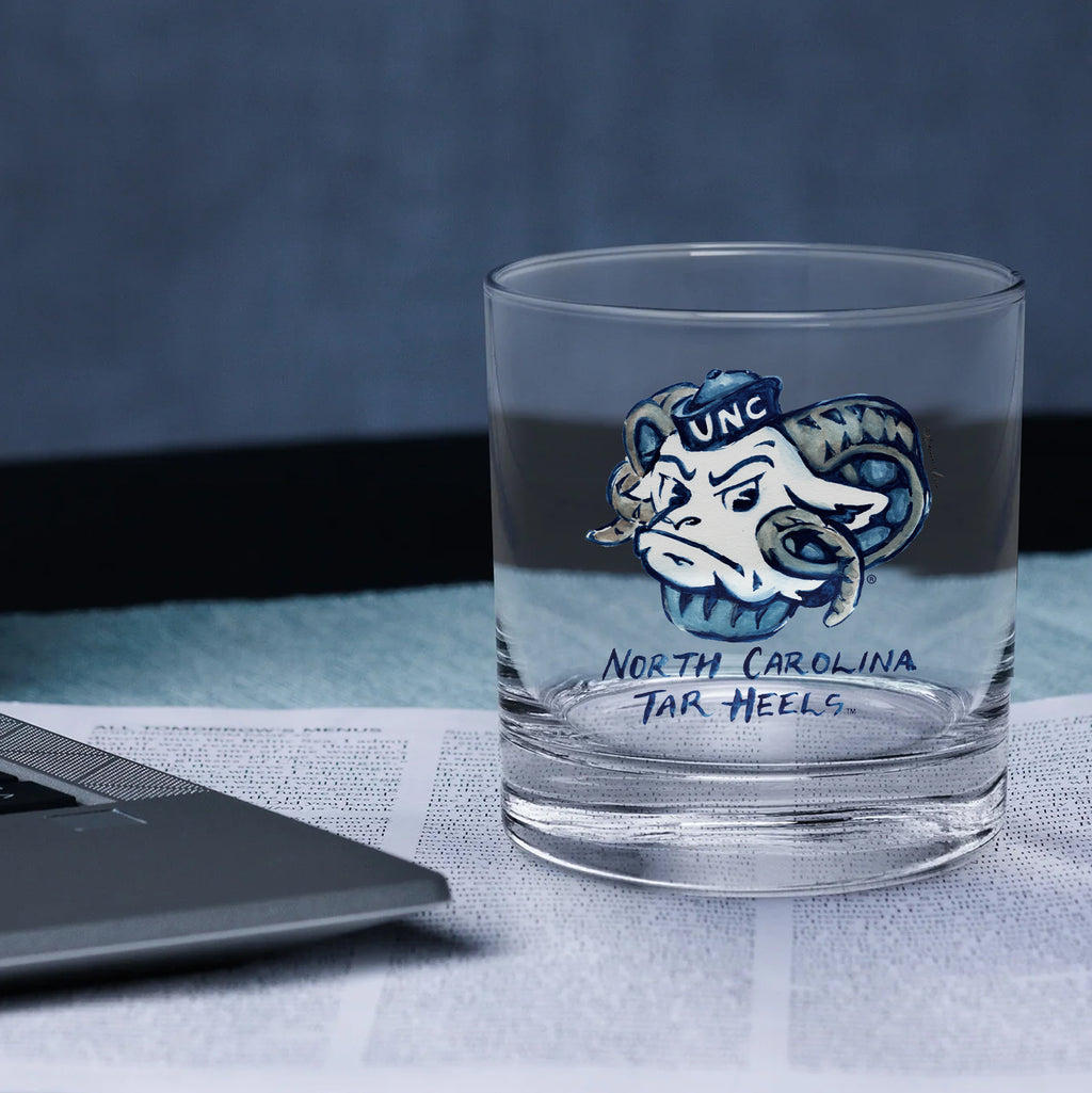 Set of 4 North Carolina Tar Heels Mascot by Laura Wilcox 14oz Rocks Glasses