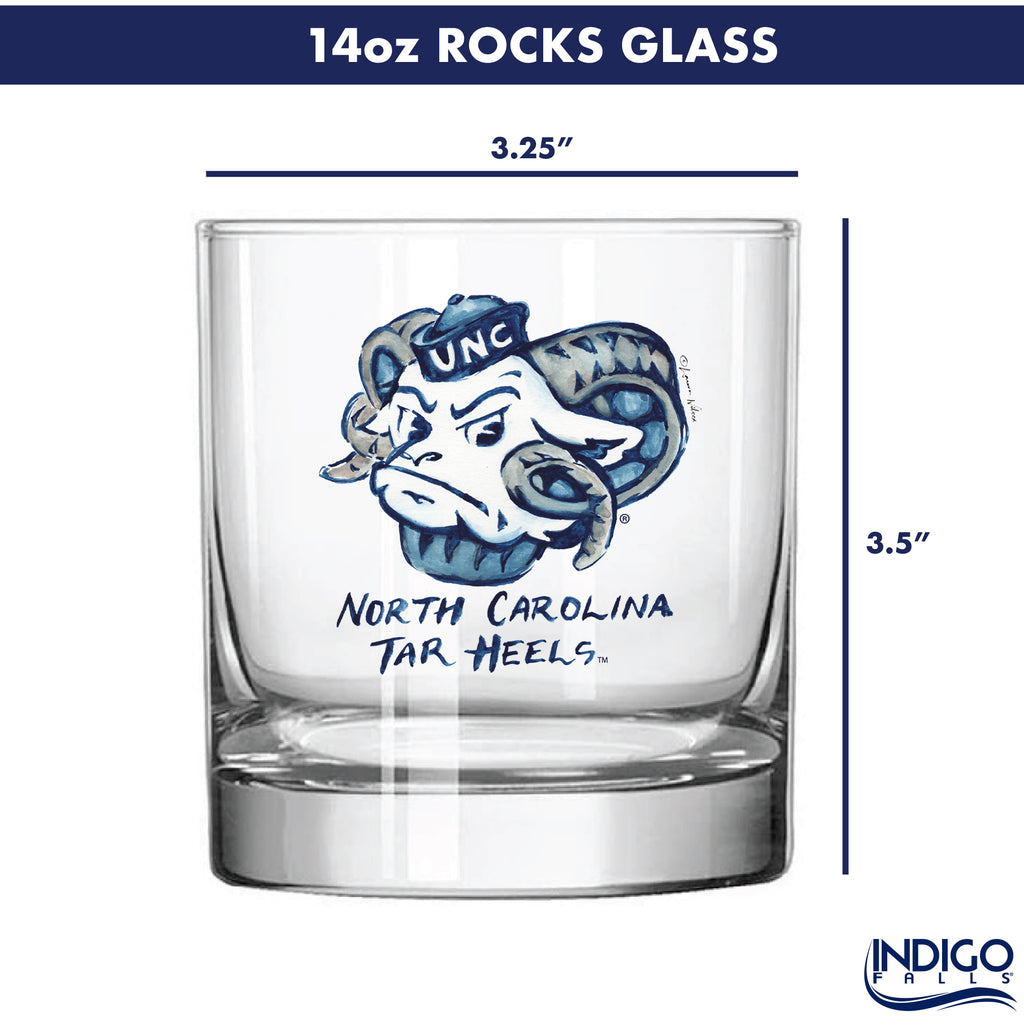 Set of 4 North Carolina Tar Heels Mascot by Laura Wilcox 14oz Rocks Glasses