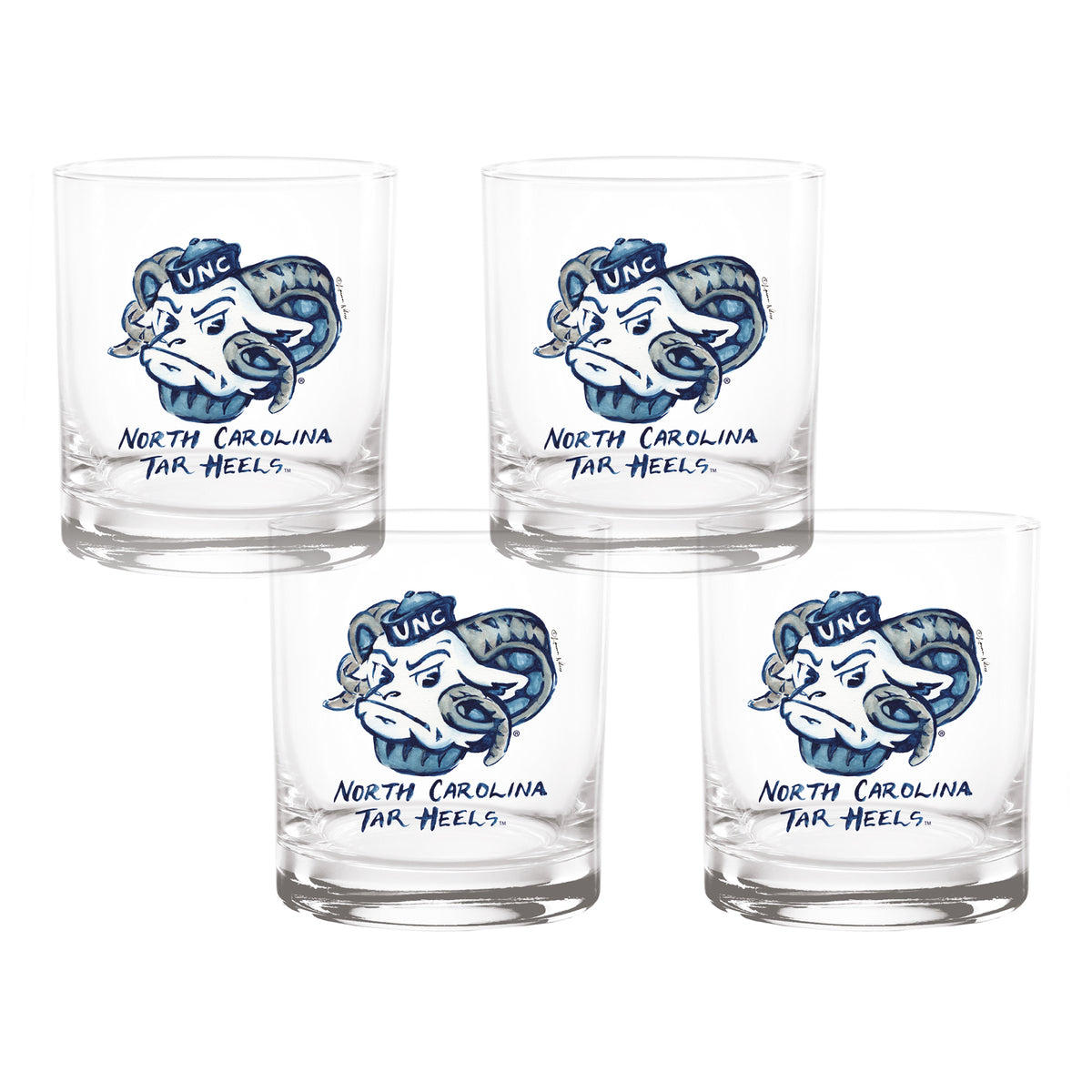 Set of 4 North Carolina Tar Heels Mascot by Laura Wilcox 14oz Rocks Glasses