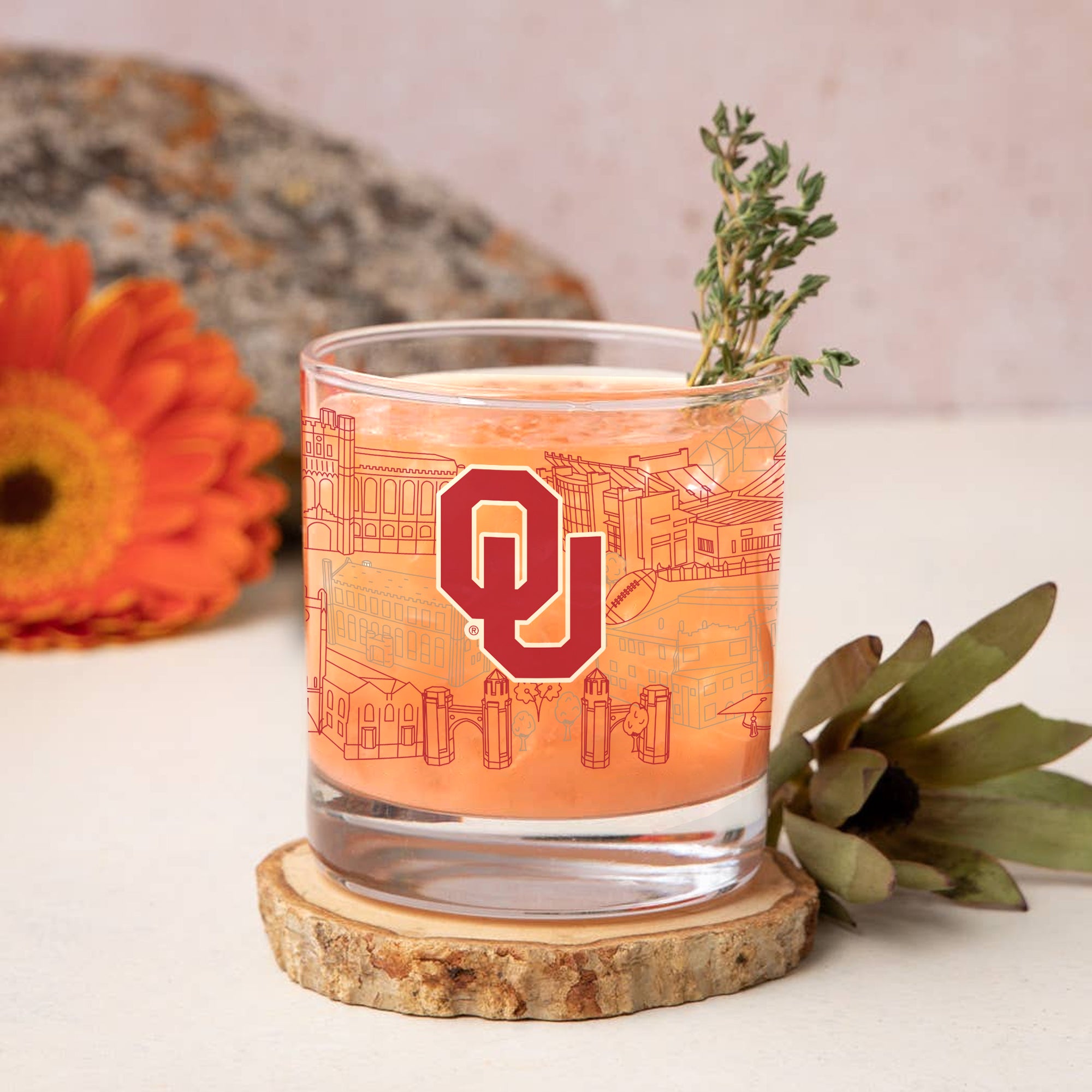 Set of 4 Oklahoma Sooners Campus Line Art 14oz Rocks Glasses
