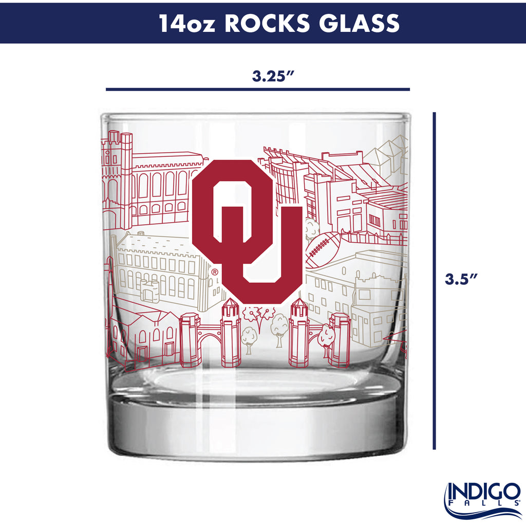 Set of 4 Oklahoma Sooners Campus Line Art 14oz Rocks Glasses