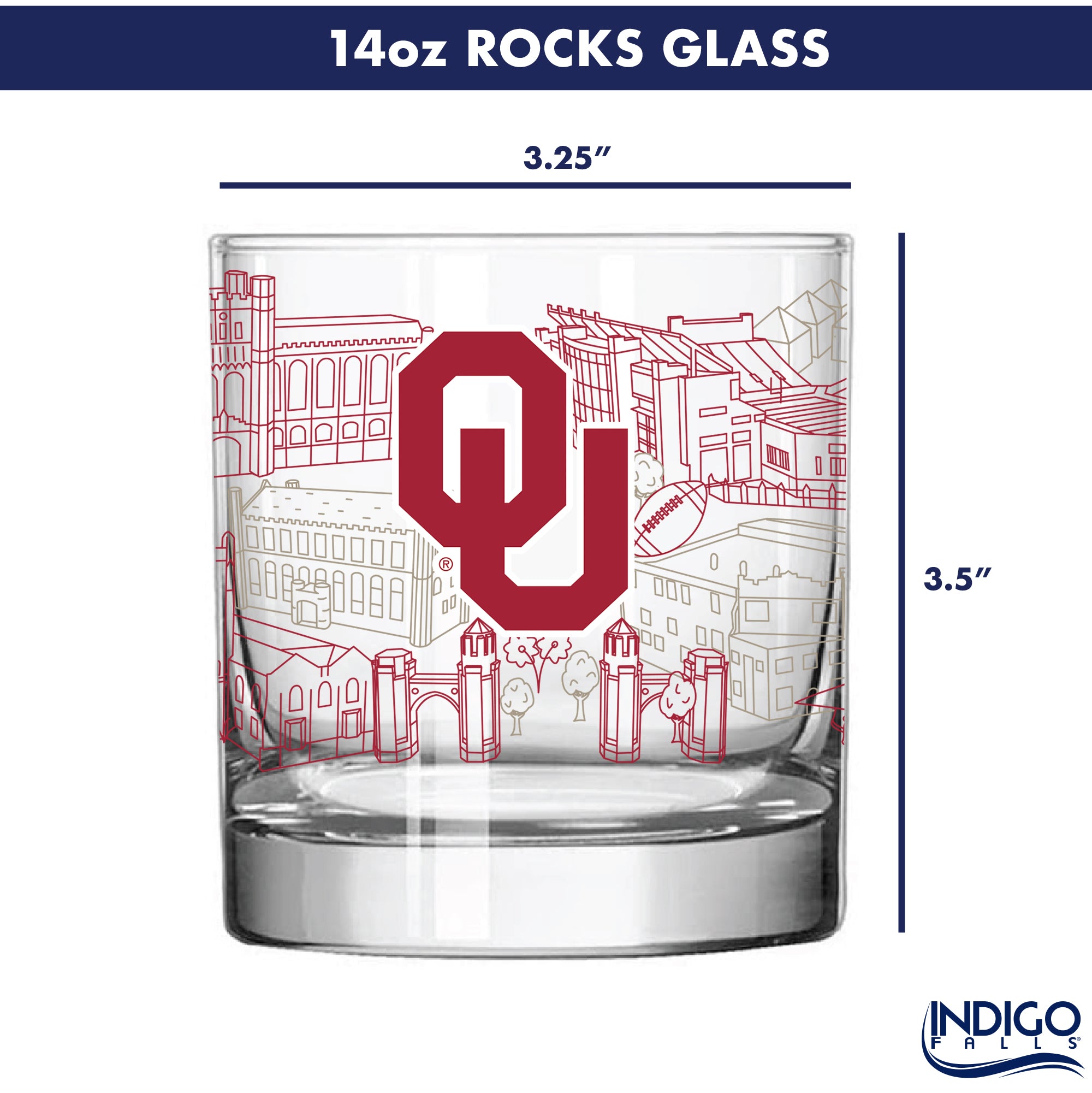 Set of 4 Oklahoma Sooners Campus Line Art 14oz Rocks Glasses
