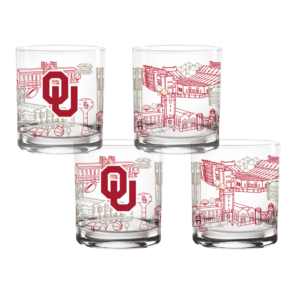 Set of 4 Oklahoma Sooners Campus Line Art 14oz Rocks Glasses