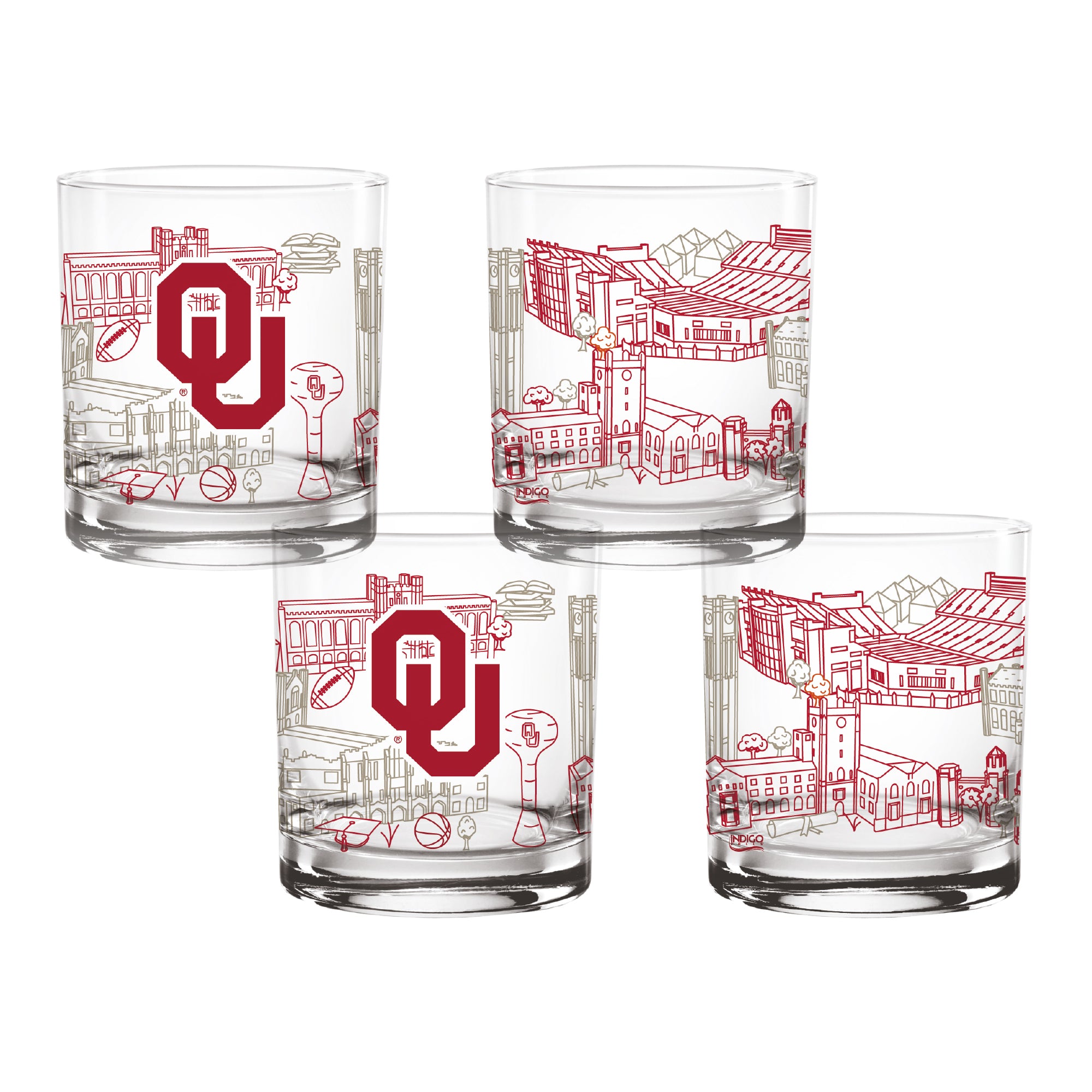 Set of 4 Oklahoma Sooners Campus Line Art 14oz Rocks Glasses