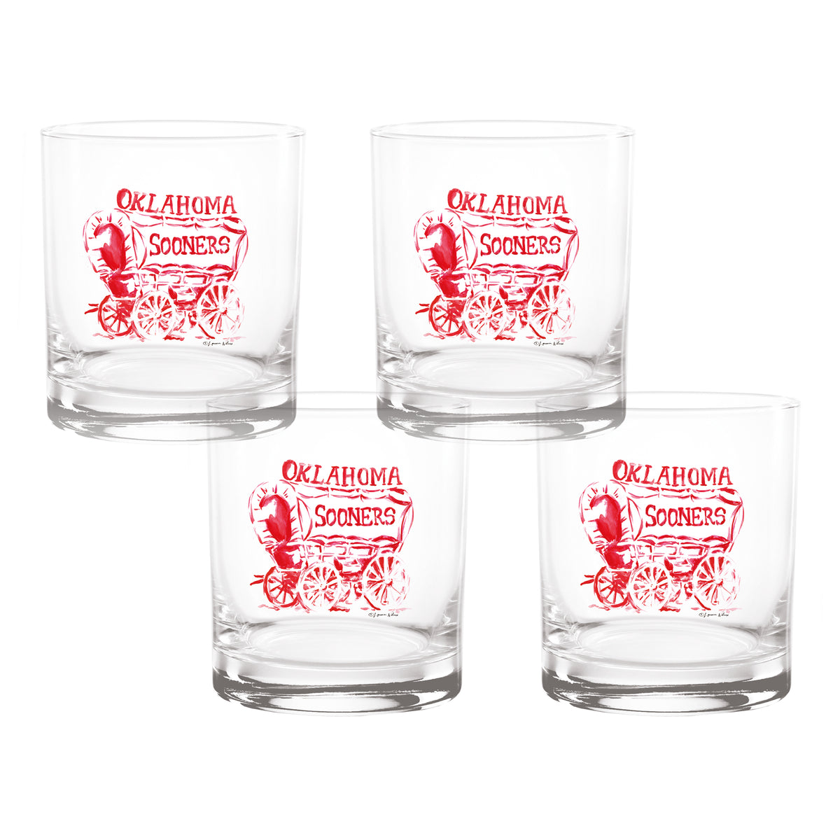 Set of 4 Oklahoma Sooners Mascot by Laura Wilcox 14oz Rocks Glasses