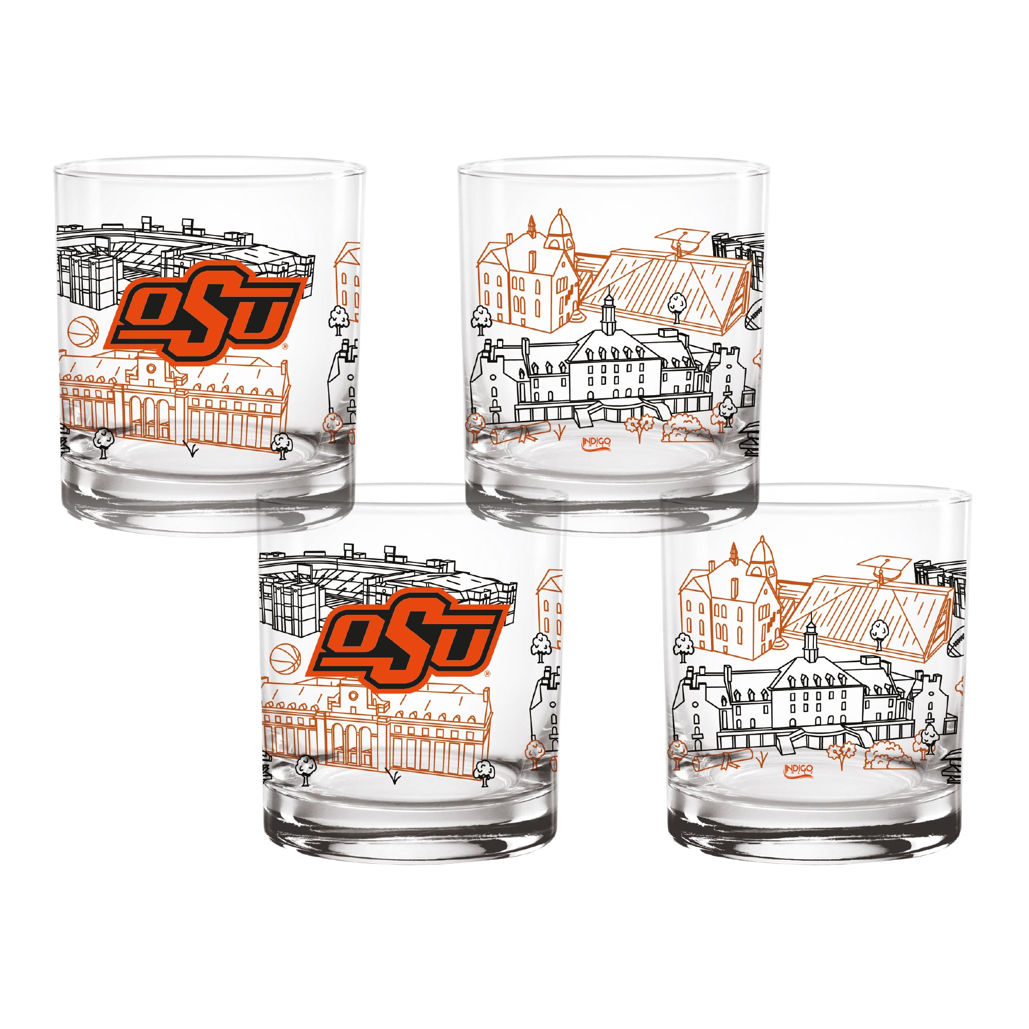 Set of 4 Oklahoma State Cowboys Campus Line Art 14oz Rocks Glasses