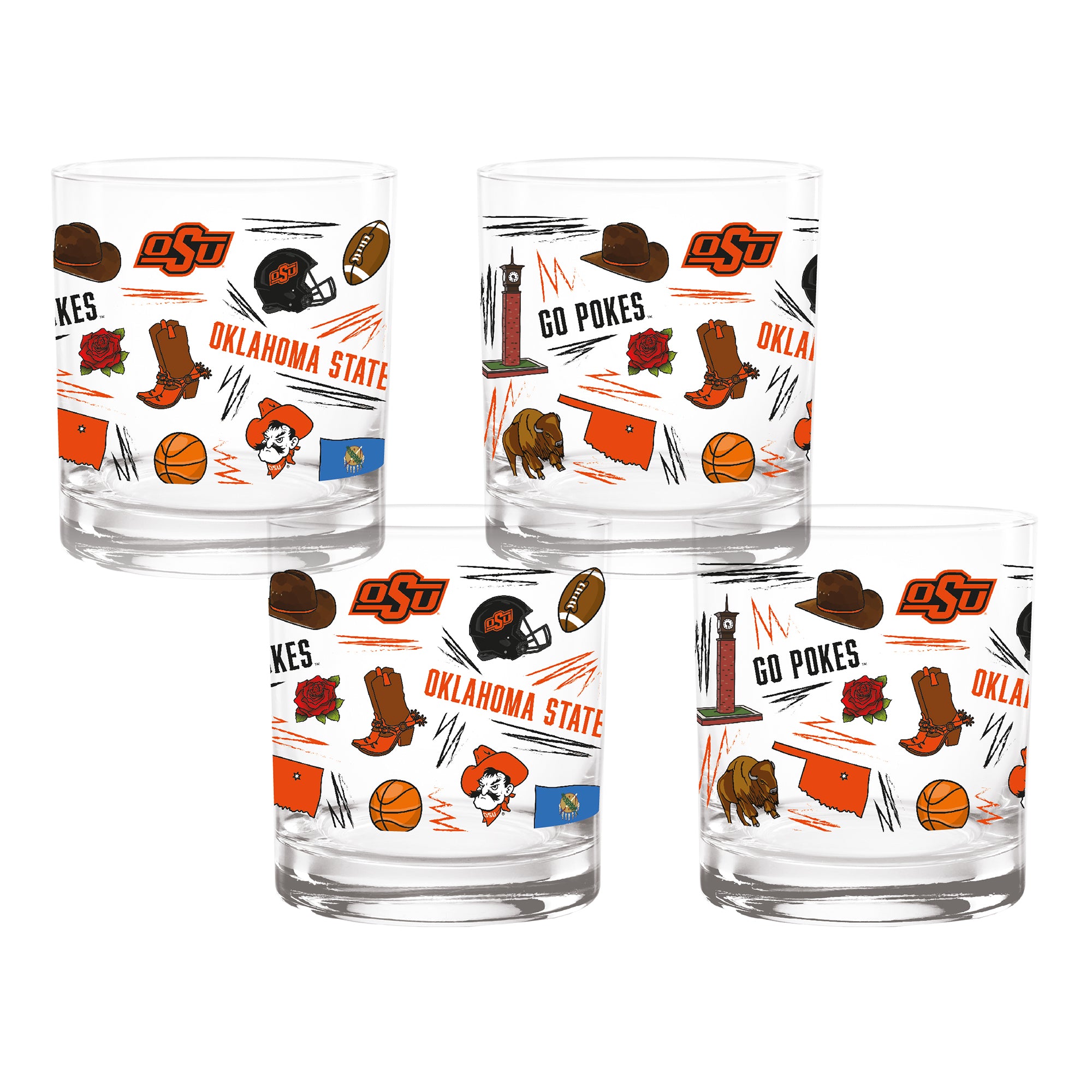 Set of 4 Oklahoma State Cowboys 14oz Local Rocks Glasses