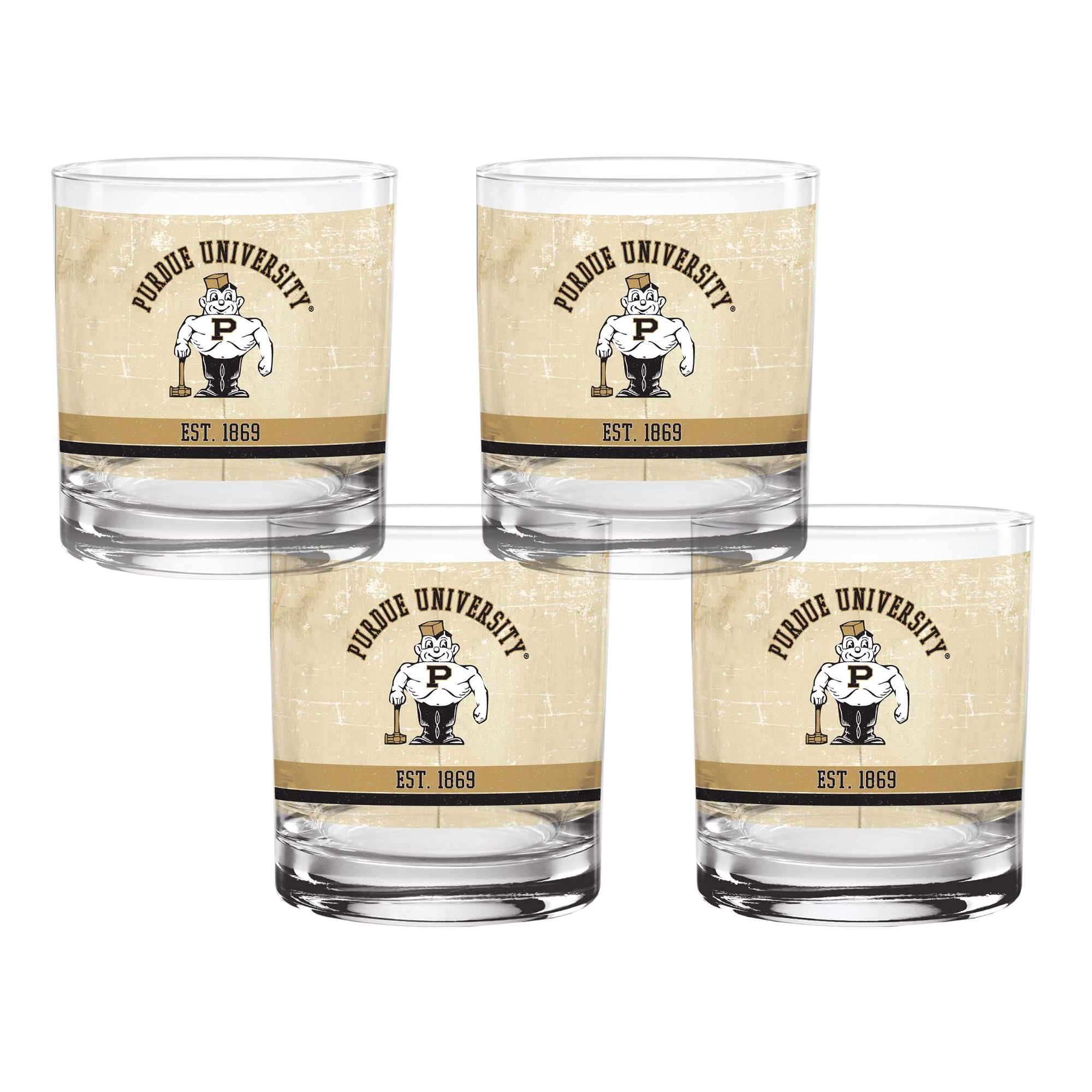 Set of 4 Purdue Boilermakers College Vault Tan Retro 14oz Rocks Glasses
