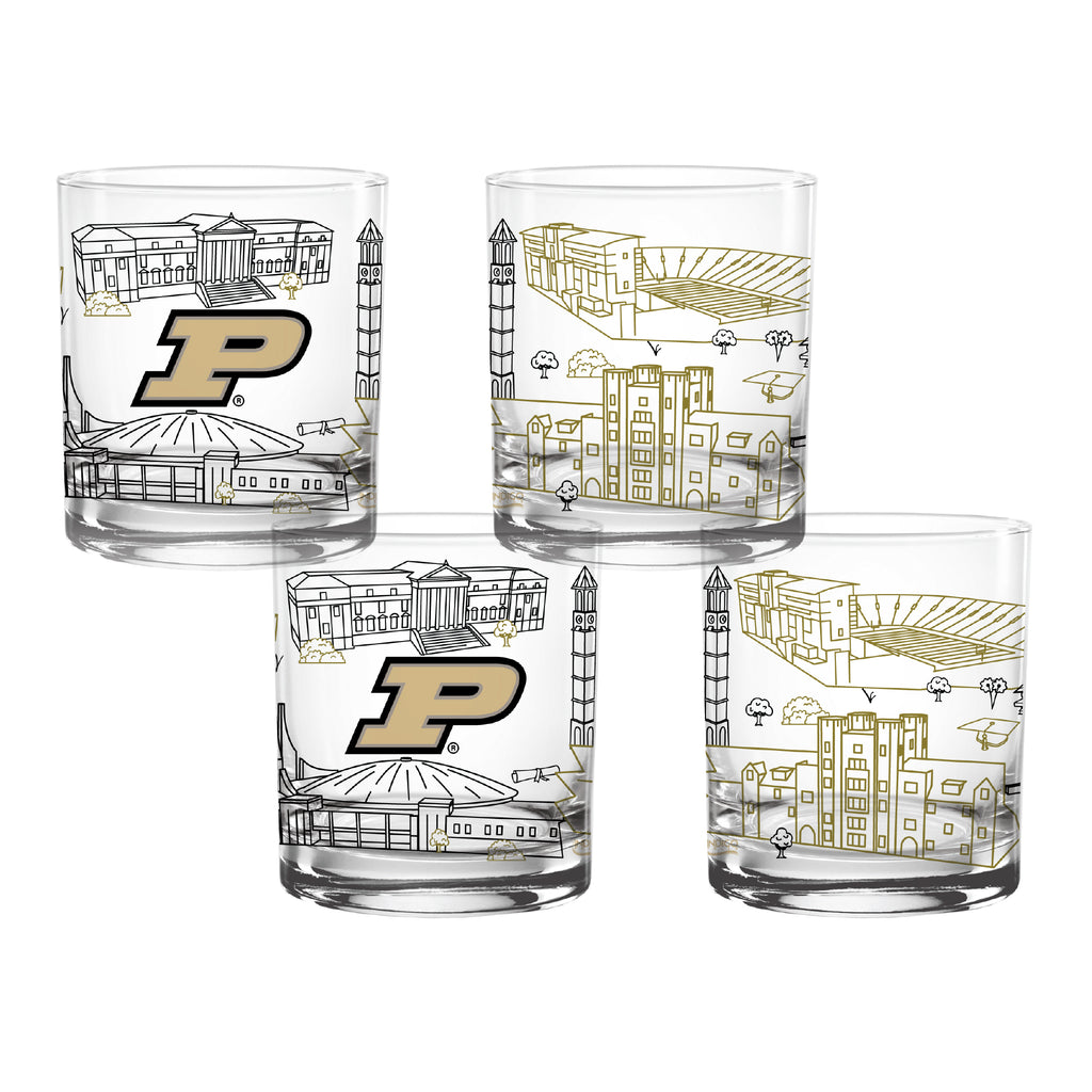 Set of 4 Purdue Boilermakers Campus Line Art 14oz Rocks Glasses