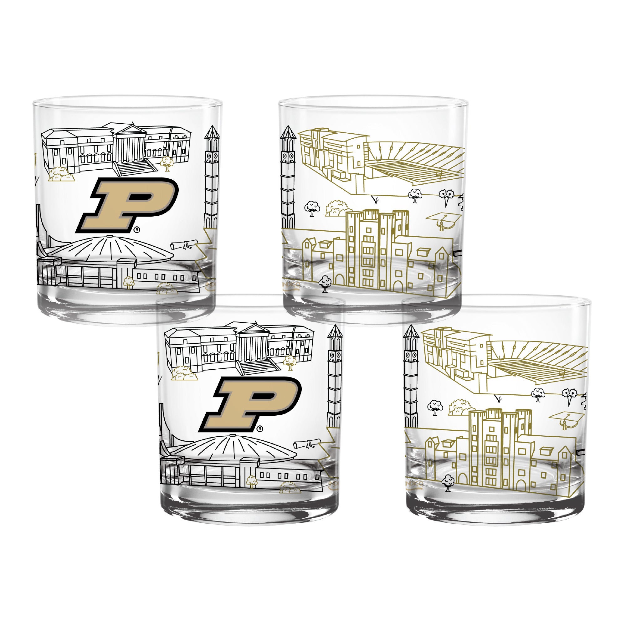 Set of 4 Purdue Boilermakers Campus Line Art 14oz Rocks Glasses