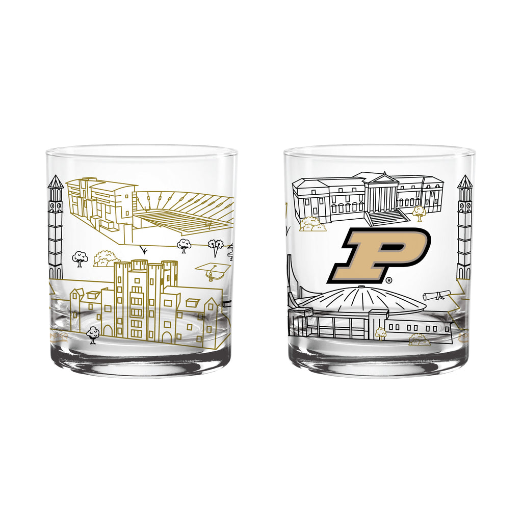 Set of 2 Purdue Boilermakers Campus Line Art 14oz Rocks Glasses