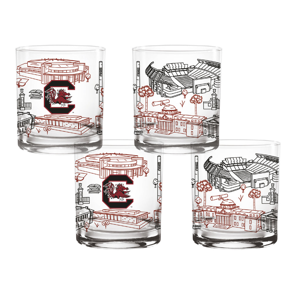 Set of 4 South Carolina Gamecocks Campus Line Art 14oz Rocks Glasses