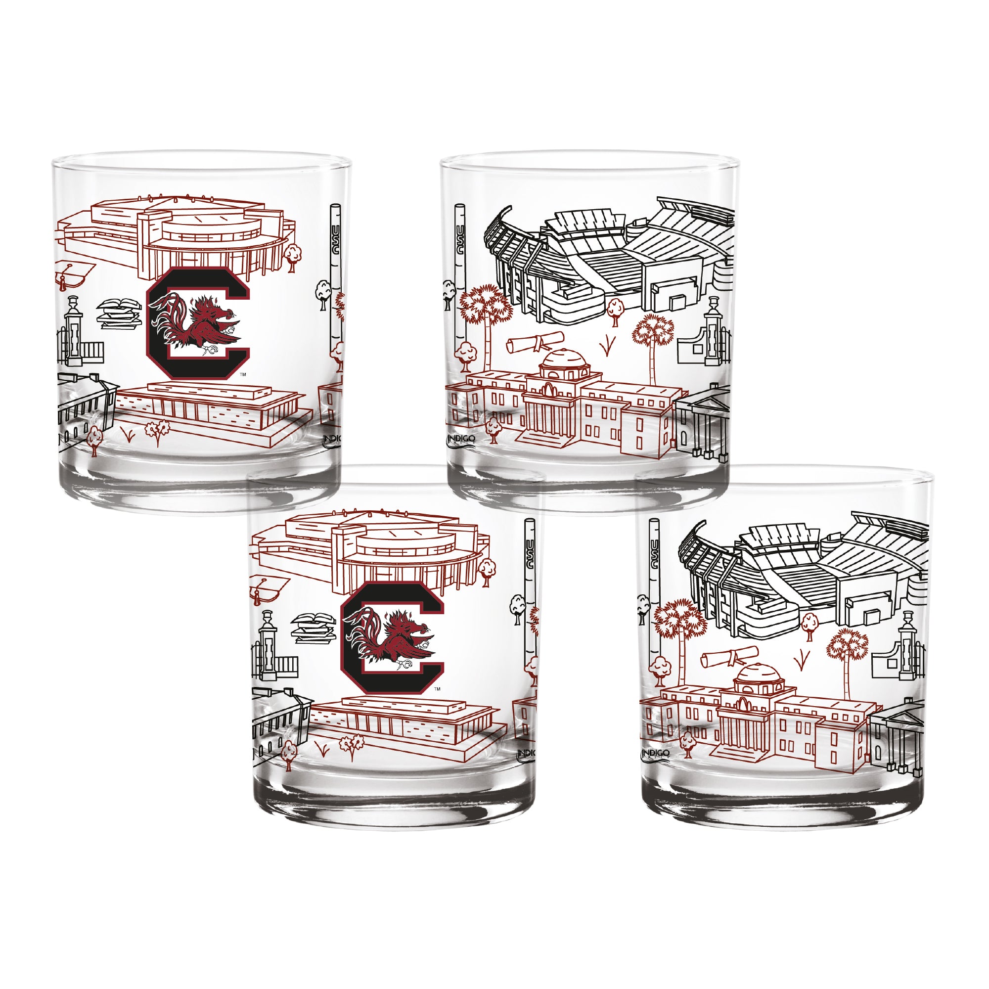 Set of 4 South Carolina Gamecocks Campus Line Art 14oz Rocks Glasses