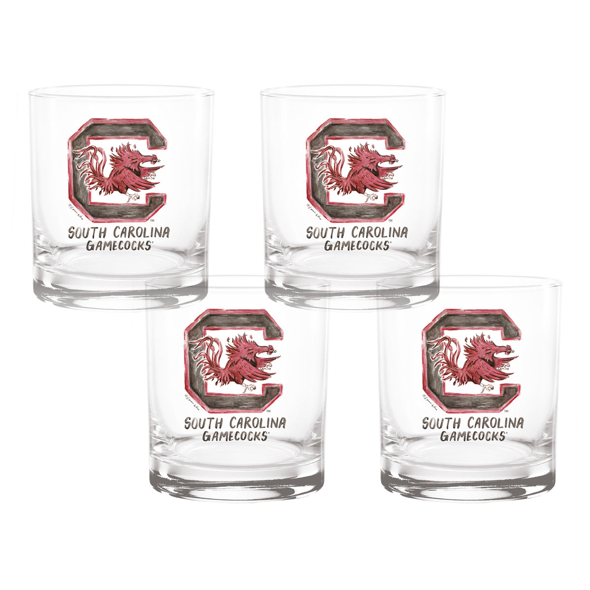 Set of 4 South Carolina Gamecocks Mascot by Laura Wilcox 14oz Rocks Glasses