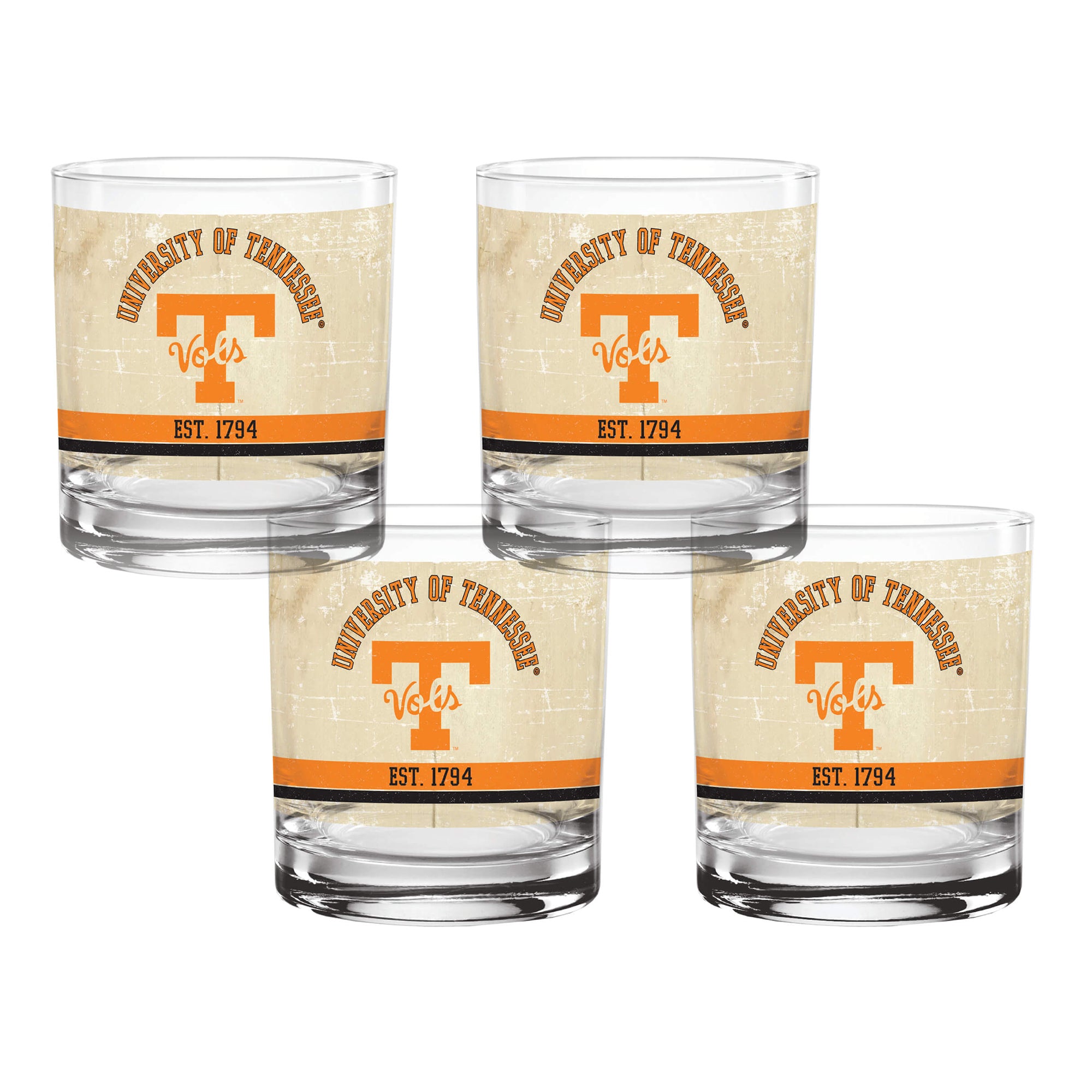 Set of 4 Tennessee Volunteers College Vault Tan Retro 14oz Rocks Glasses
