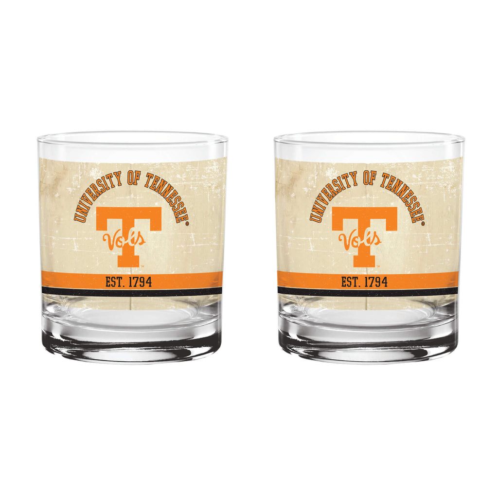 Tennessee Volunteers Set of 2 College Vault Tan Retro 14oz Rocks Glasses