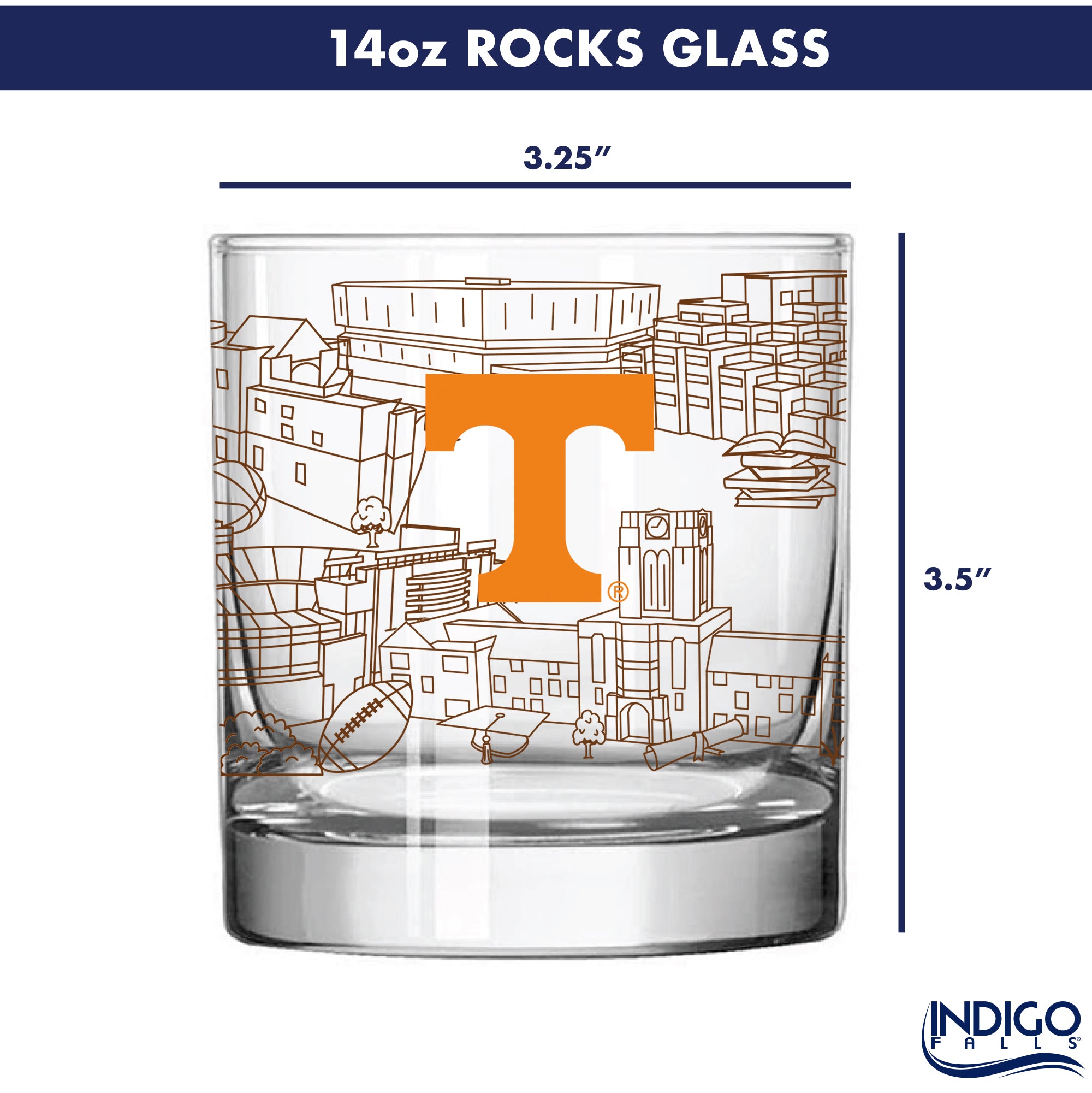 Set of 4 Tennessee Volunteers Campus Line Art 14oz Rocks Glasses