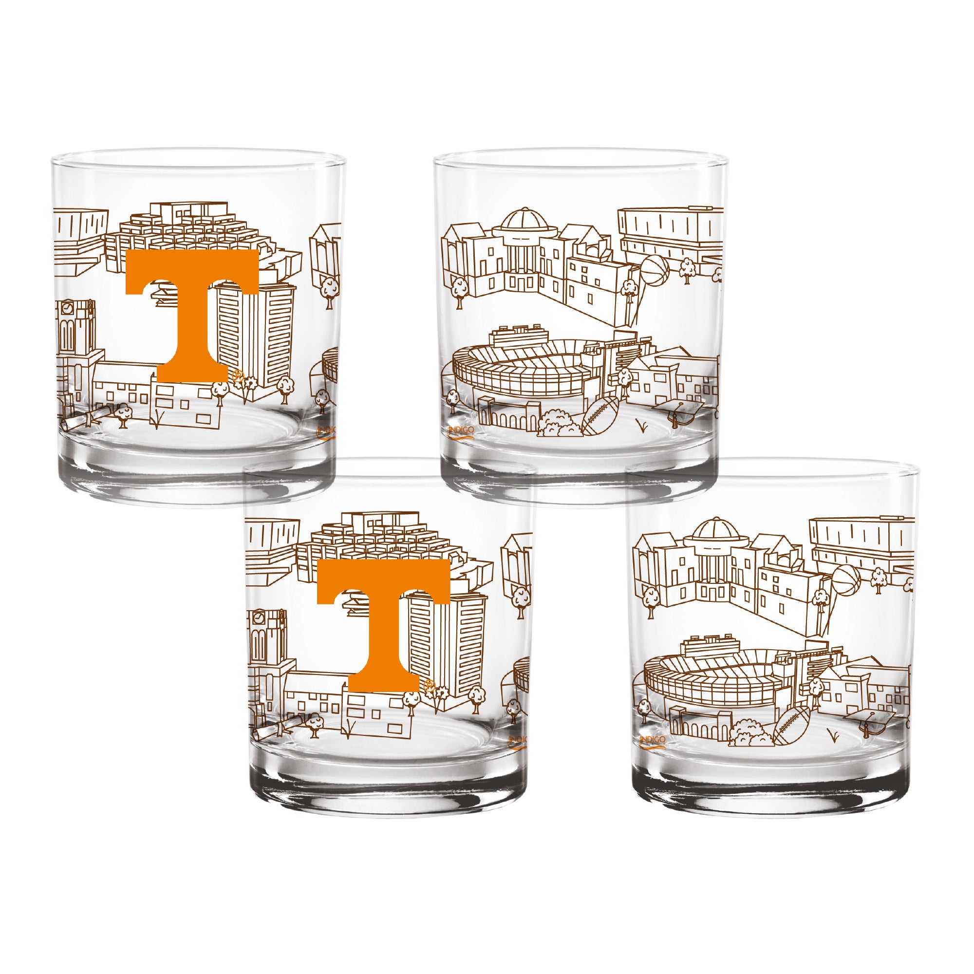 Set of 4 Tennessee Volunteers Campus Line Art 14oz Rocks Glasses