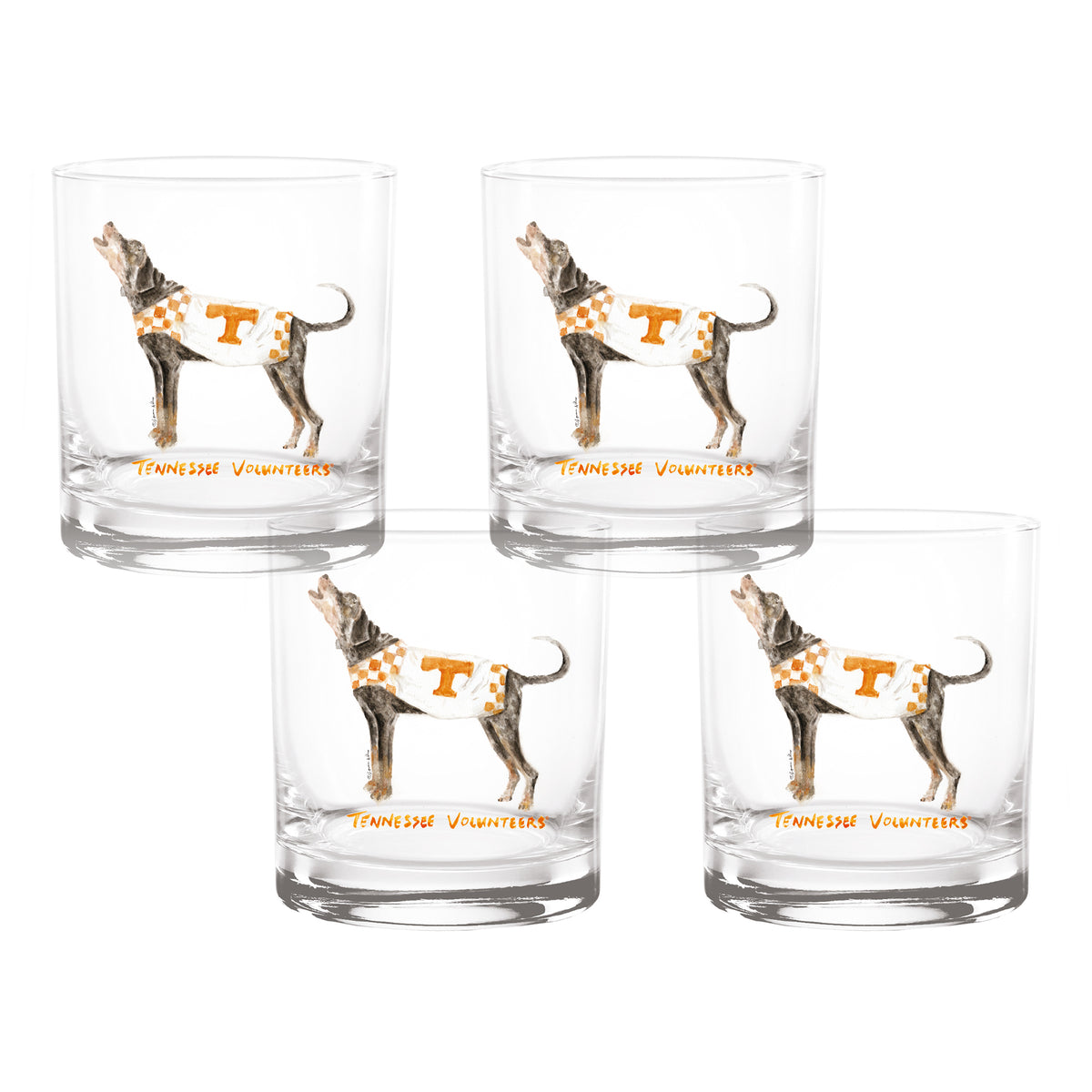 Set of 4 Tennessee Volunteers Mascot by Laura Wilcox 14oz Rocks Glasses