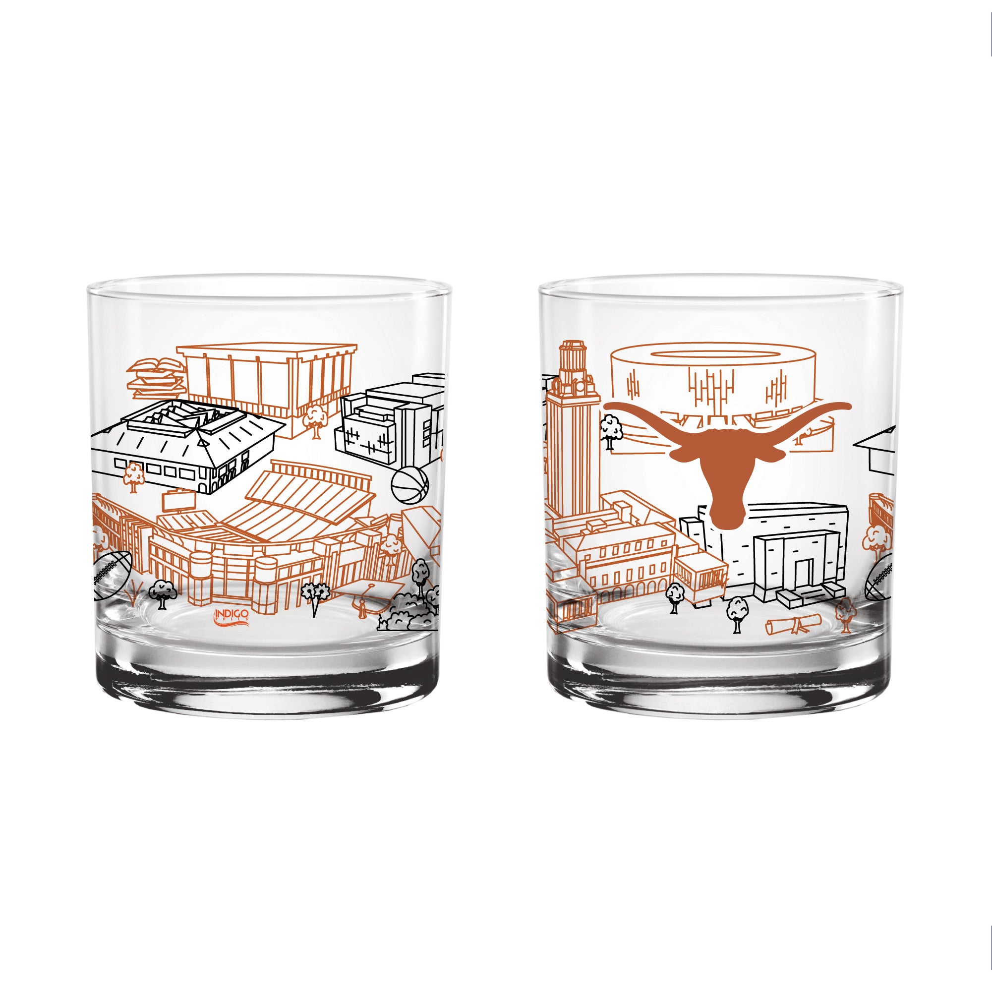 Set of 2 Texas Longhorns Campus Line Art 14oz Rocks Glasses