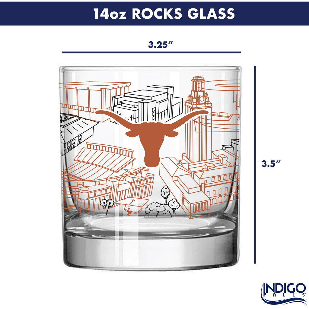 Set of 4 Texas Longhorns Campus Line Art 14oz Rocks Glasses