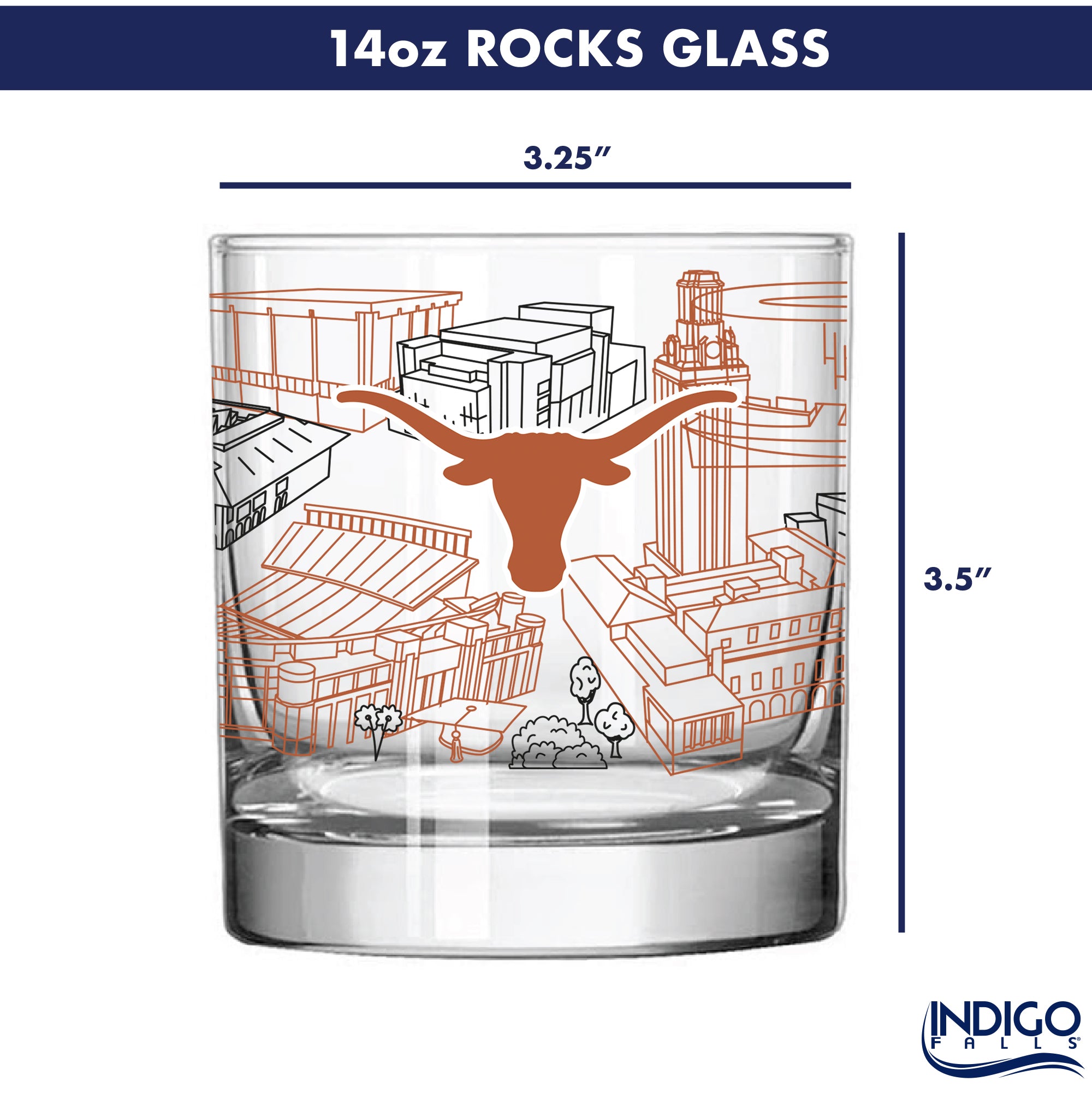 Set of 4 Texas Longhorns Campus Line Art 14oz Rocks Glasses