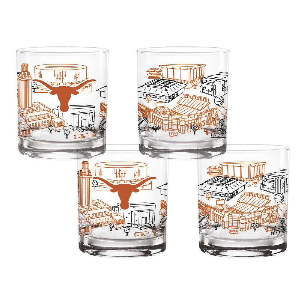Set of 4 Texas Longhorns Campus Line Art 14oz Rocks Glasses