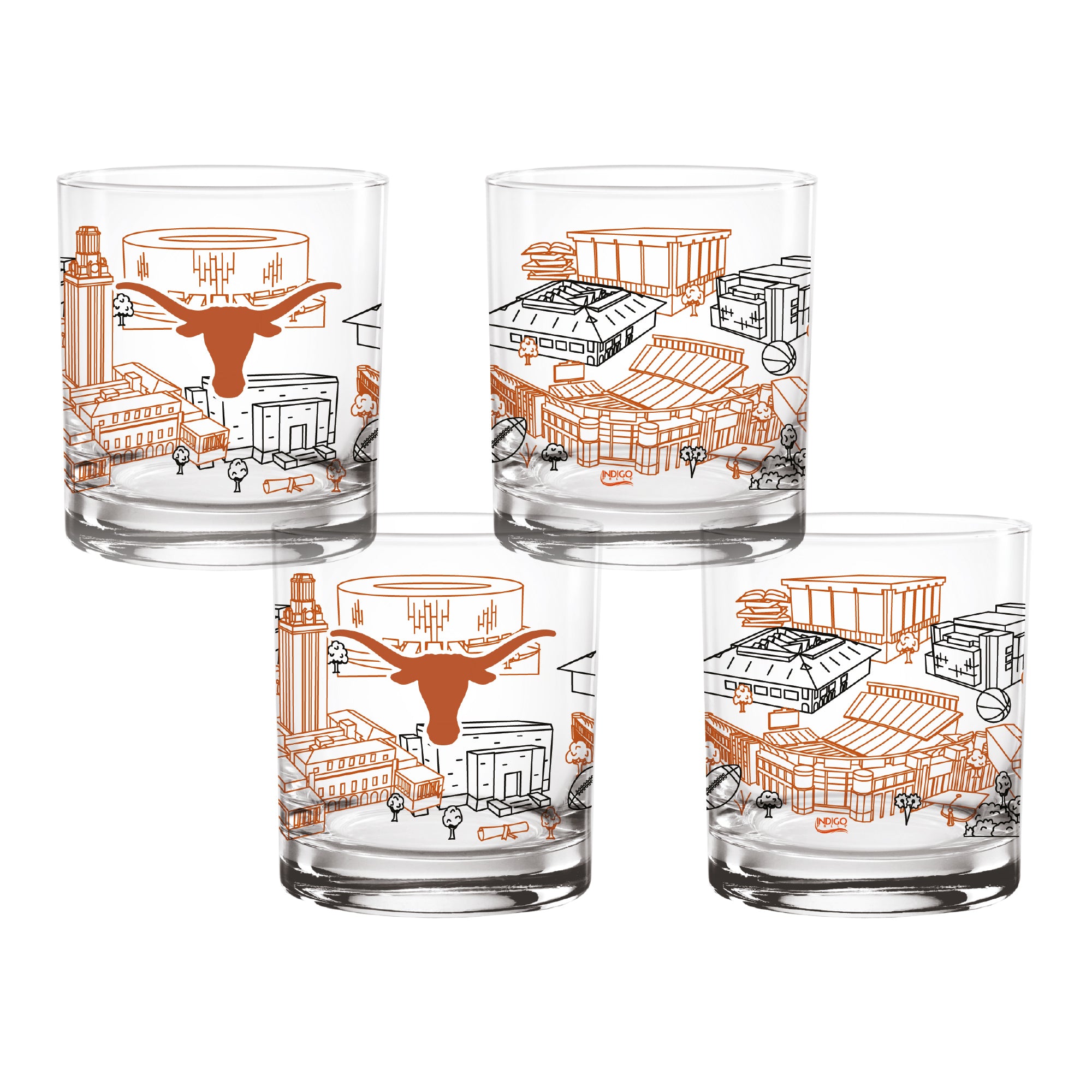 Set of 4 Texas Longhorns Campus Line Art 14oz Rocks Glasses