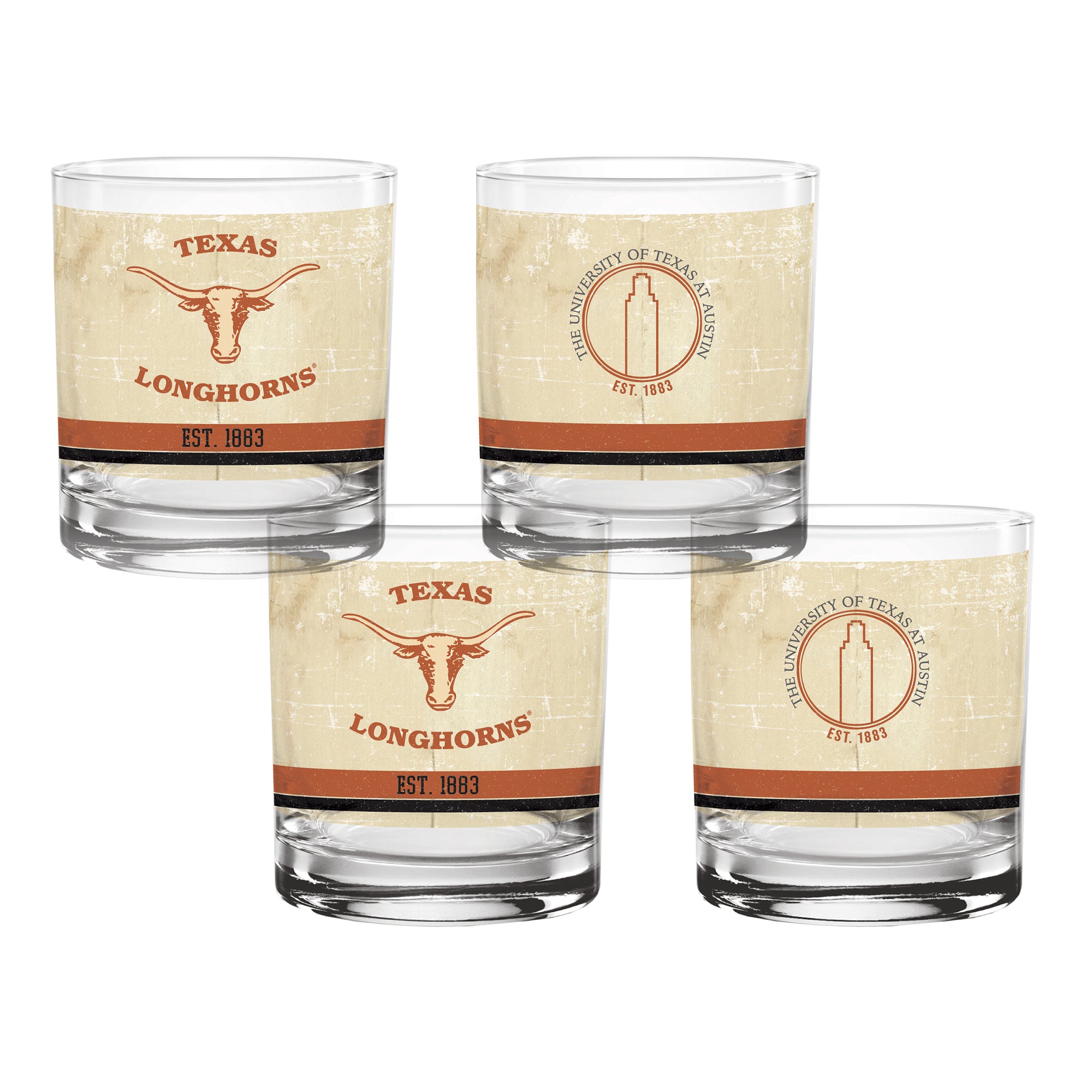 Set of 4 Texas Longhorns College Vault Tan Retro 14oz Rocks Glasses