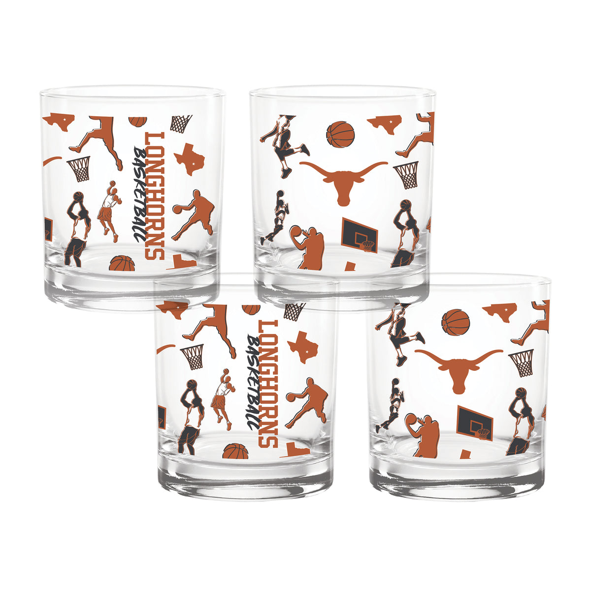 Set of 4 Texas Longhorns Sketch 14oz Rocks Glasses