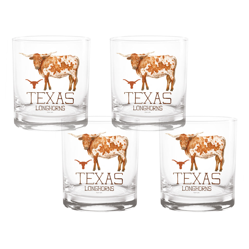 Set of 4 Texas Longhorns Mascot by Laura Wilcox 14oz Rocks Glasses