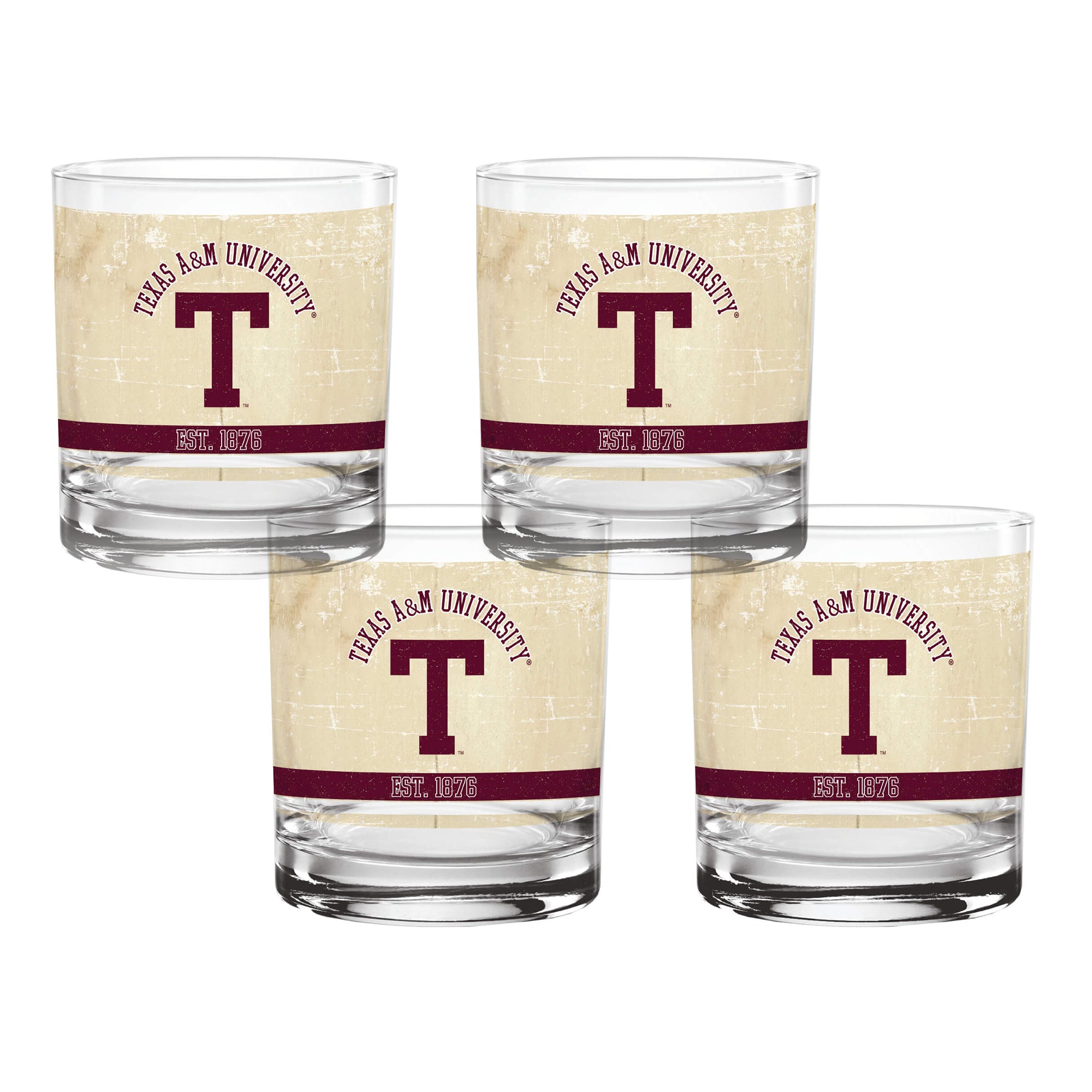 Set of 4 Texas A&M Aggies College Vault Tan Retro 14oz Rocks Glasses