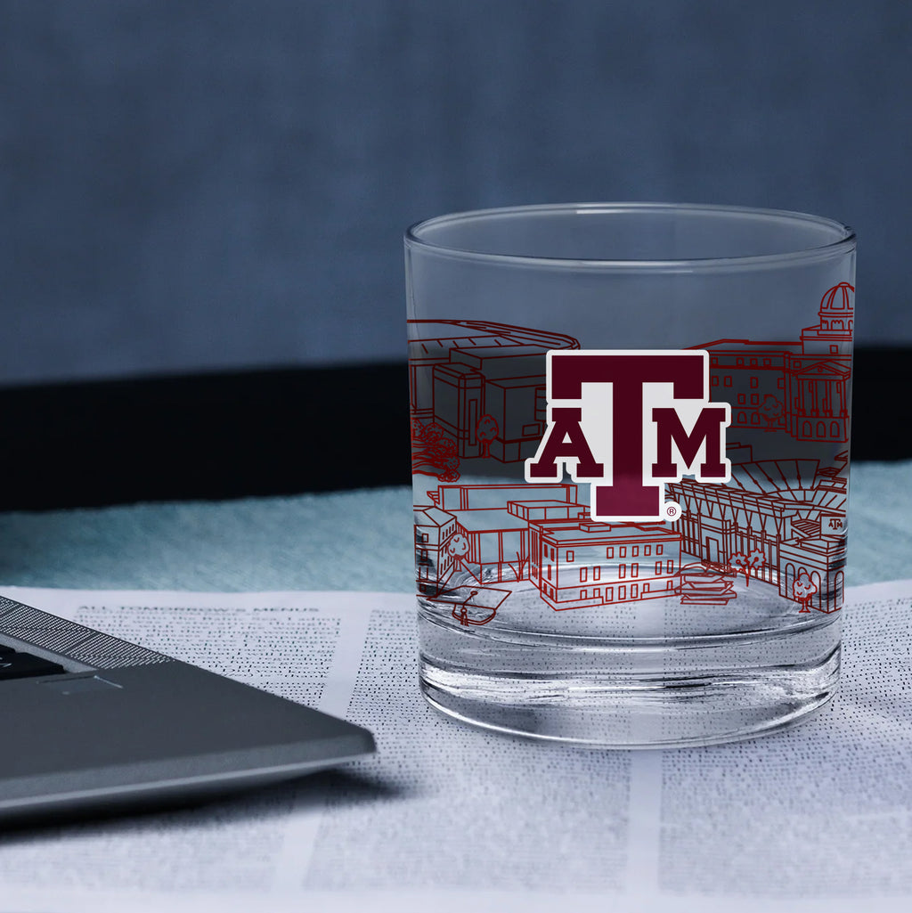 Set of 4 Texas A&M Aggies Campus Line Art 14oz Rocks Glasses