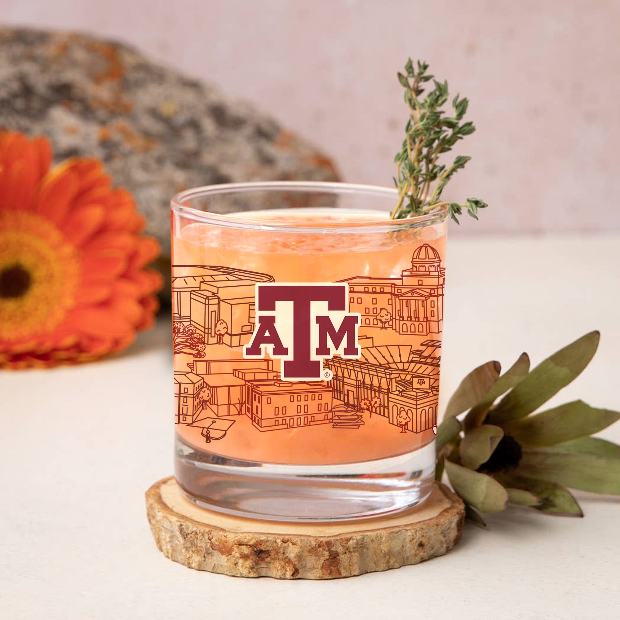 Set of 4 Texas A&M Aggies Campus Line Art 14oz Rocks Glasses