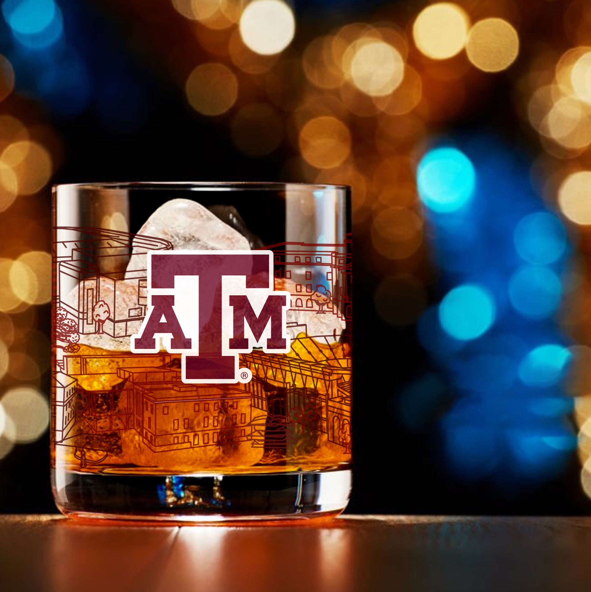 Set of 4 Texas A&M Aggies Campus Line Art 14oz Rocks Glasses