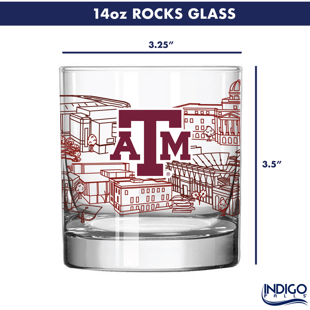 Set of 4 Texas A&M Aggies Campus Line Art 14oz Rocks Glasses